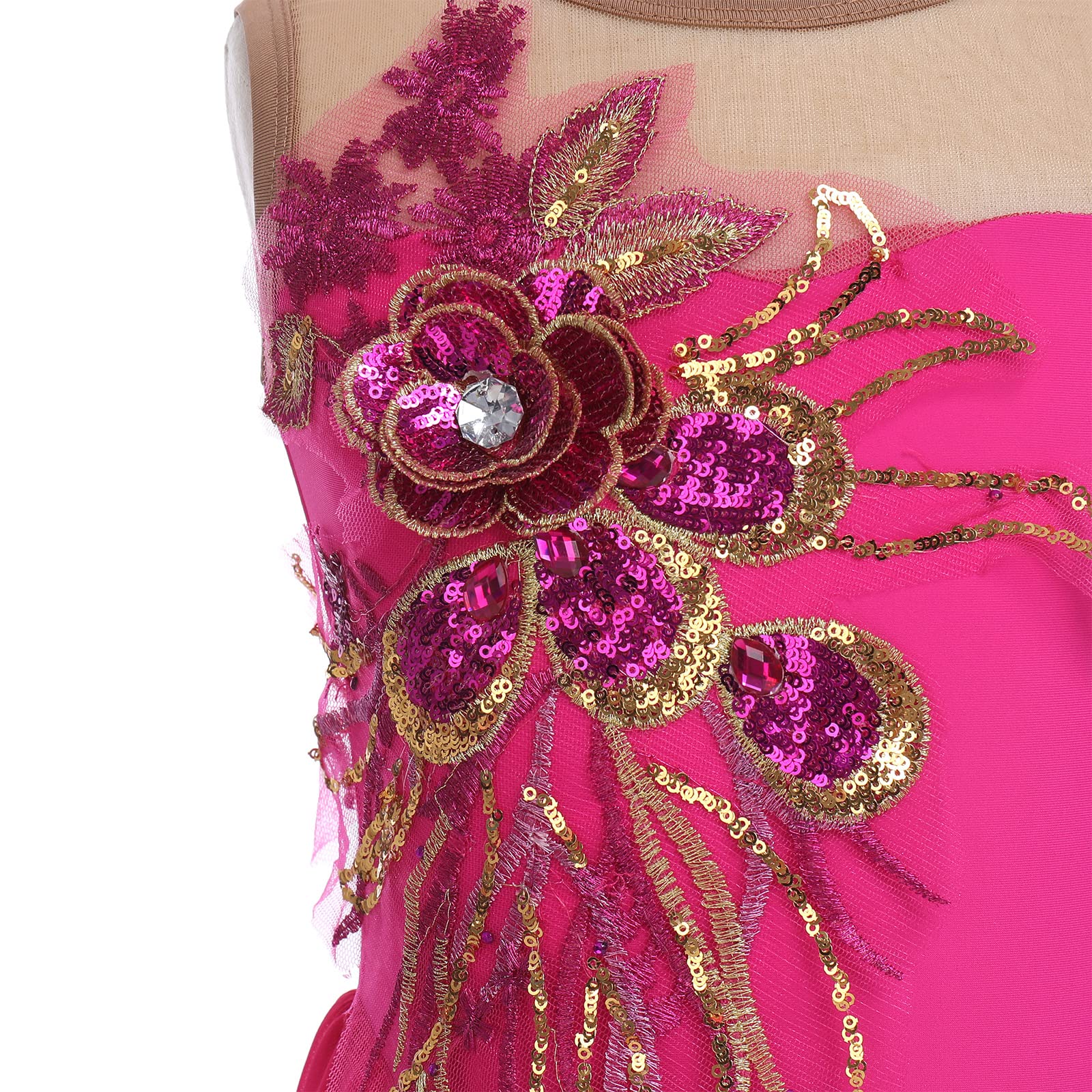 Vestito da pattinaggio artistico per bambine, senza maniche, con paillette e paillette, con fiori, in tulle, per balletto, ballerina, anni