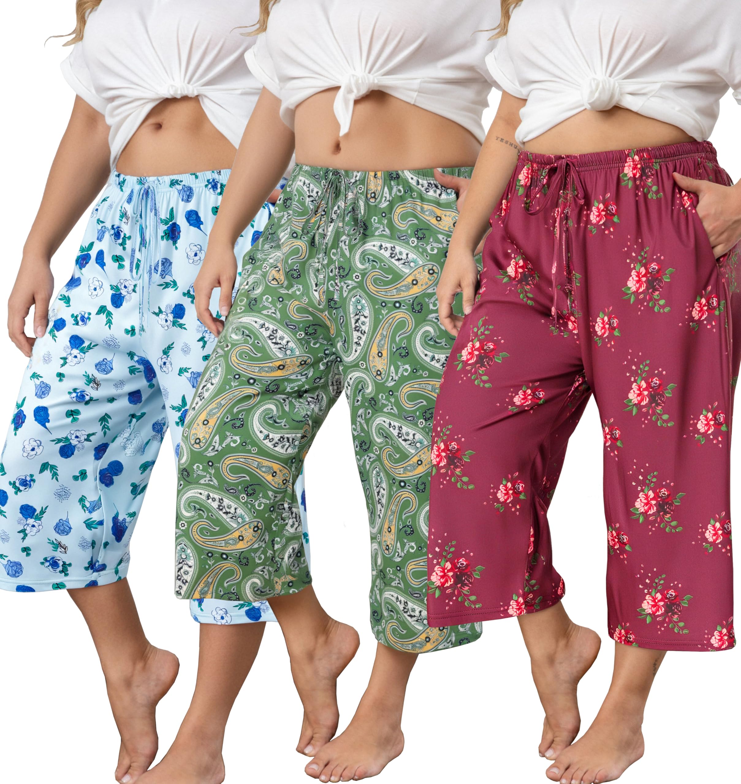 Vozanet 3 Pack Women Plus Size Capri Pajama Pants Sets Drawstring Pj Bottoms Casual Lounge with Pockets XL to 5XL