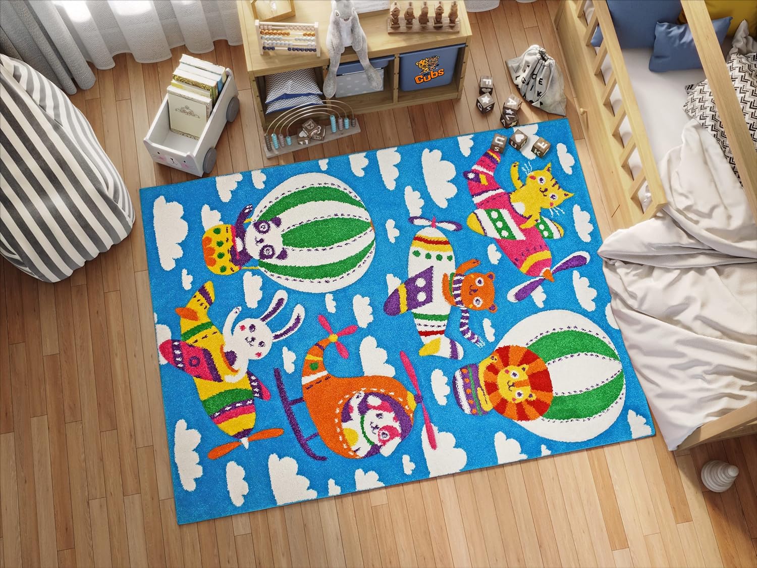 KC Cubs Play Area Rug Boy & Girl Modern Decor Multicolor Area Rug and Carpet Collection for Kids, Toddlers and Baby Nursery, Flying Animal Friends