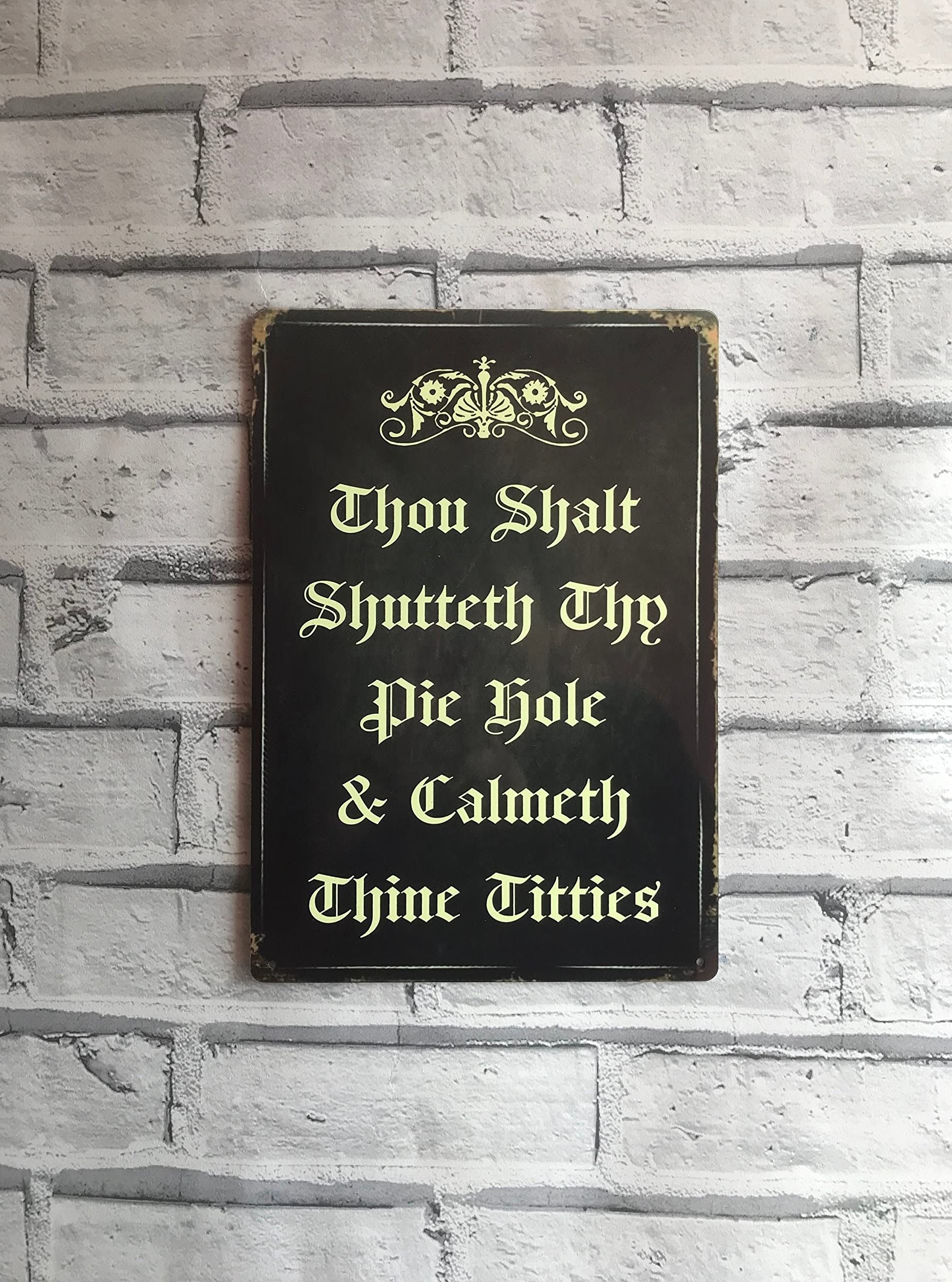 Matlpats Metal Sign Funny Thou Shalt Shutteth Thy Pie Hole & Calmeth Thine Titties Retro Vintage Metal Wall For Home Garden Kitchen Bar Pub Living Room Office Garage 6X8 Inches