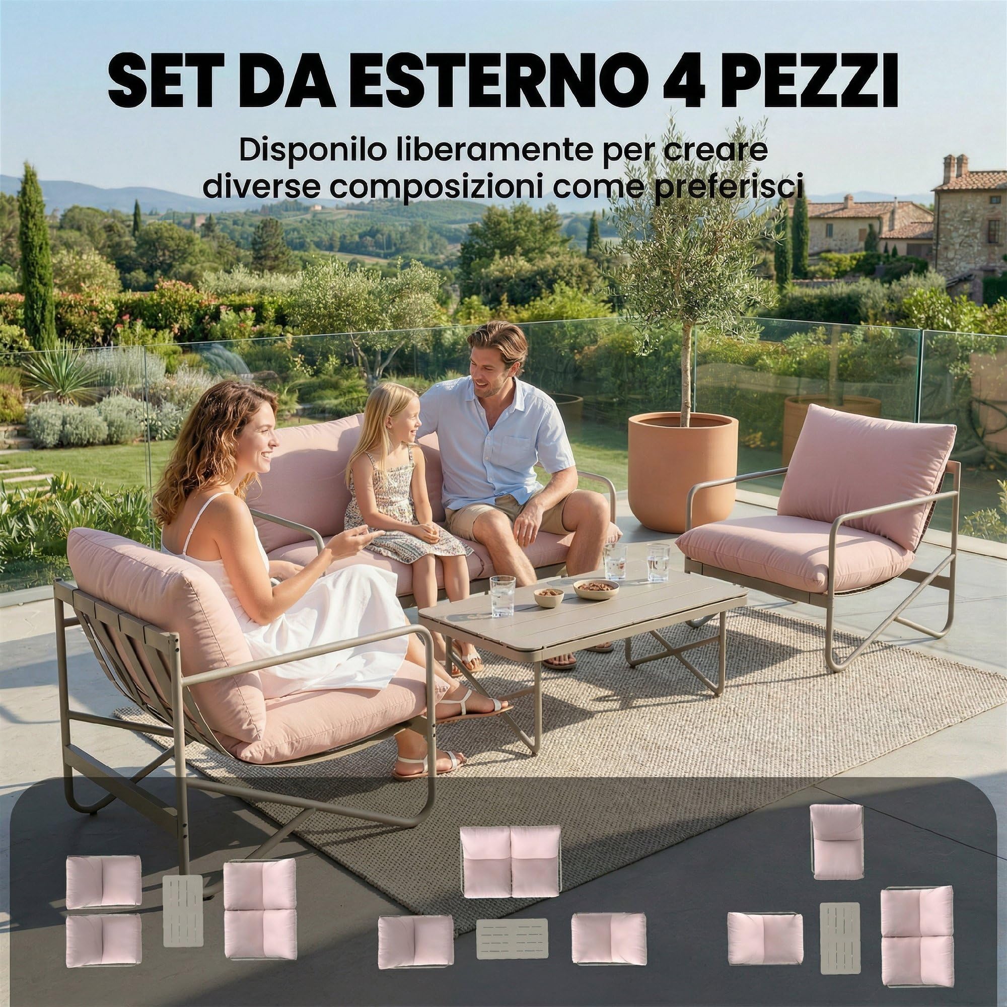 Outsunny Set Salotto da Giardino 4 Pezzi, Set di Mobili da Giardino in Metallo con Divano 2 Posti, 2 Poltrone, Tavolino con Piano Metallo, Cuscini Spessi, Salottino da Esterno per Patio Balcone, Rosa