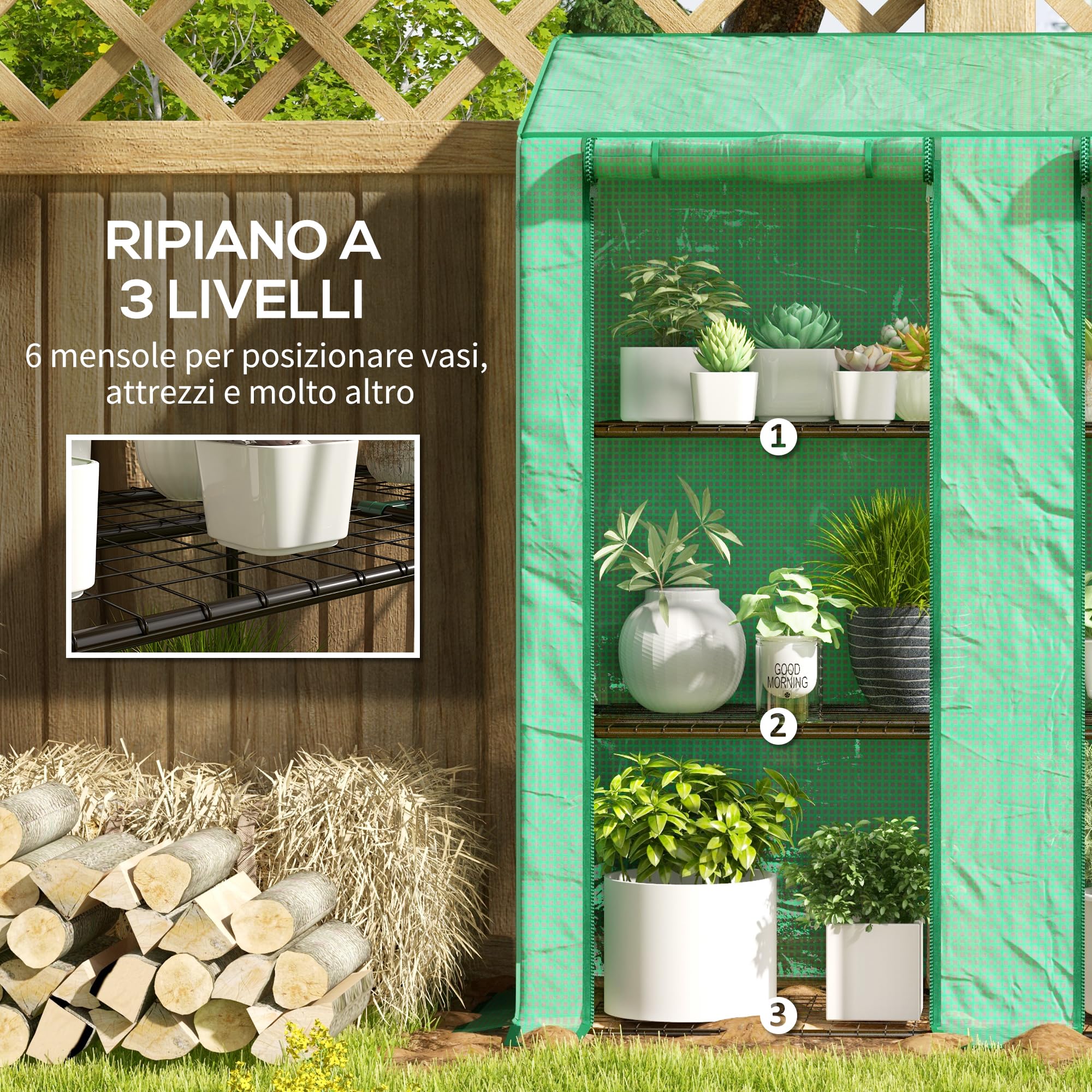 Outsunny Serra da Giardino con Copertura in PE e 6 Mensole a Rete, Serra Addossata da Balcone con 2 Porte Avvolgibili, 143x46x151cm, Verde
