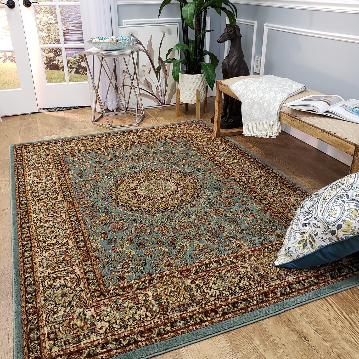 Traditional Area Rug for Everyday Use, 3'3" x 5' (39 inch x 59 inch), Soft Touch, Lightweight, Ocean Blue (Greenish)