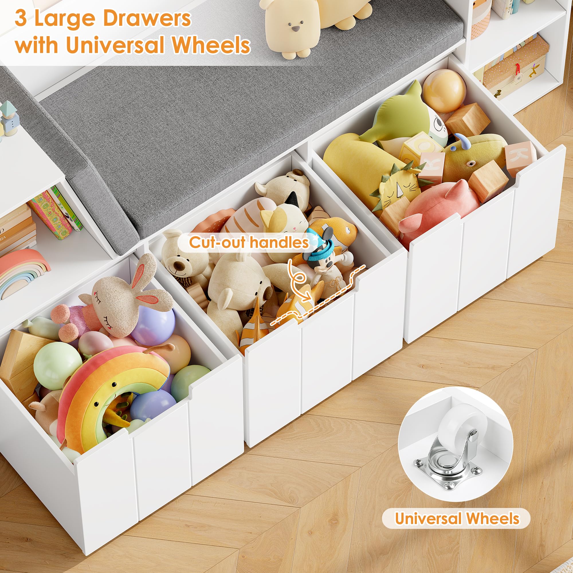 HOCSOK Kinderregal, 156 cm Bücherregal Kinder mit Sitzbank, Spielzeugregal Kinderzimmer Aufbewahrung mit Boxen auf Rollen, Kinderzimmer Regal Weiß, 80×38×156 cm