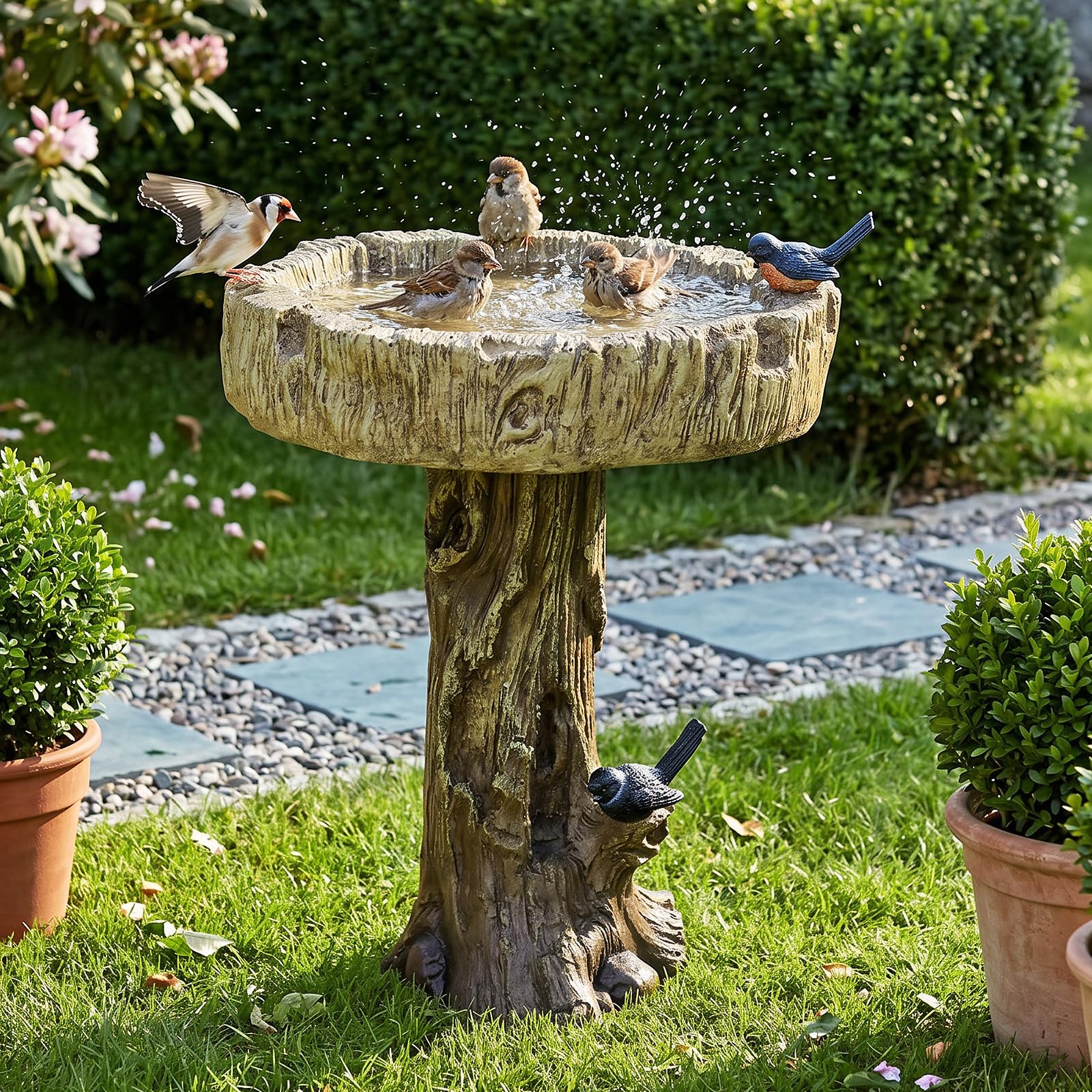 SKYFIRE Bird Baths for Outdoor - 24.4" Tall Pedestal Birdbath with Bird, Fibre Reinforced Concrete with Woodland Tree Trunk Décor Modern and Durable,Bird Bath for Outside, Garden, Patio,Lawn,Backyard