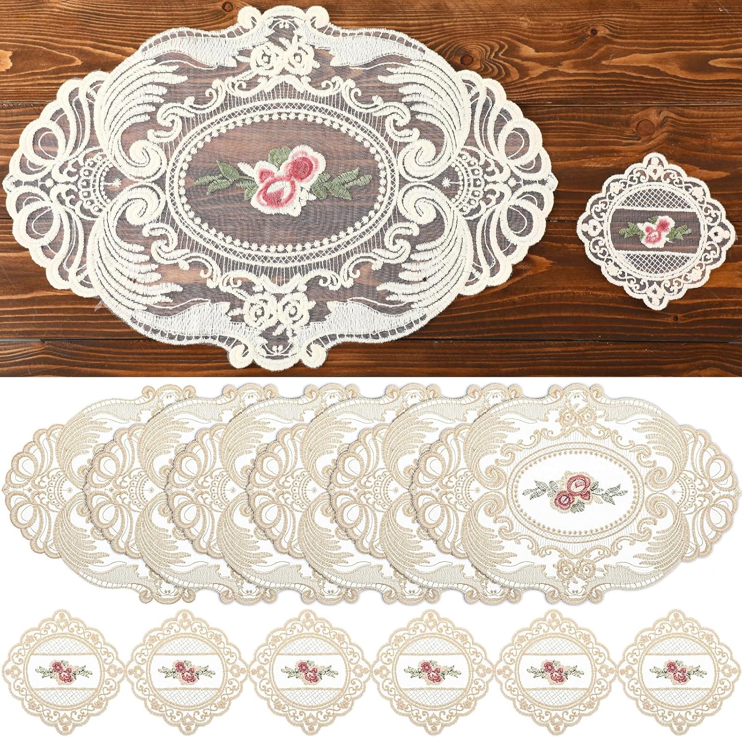 Mindsoft 24 Pcs Lace Placemats and Lace Coasters Vintage French Style Cloth Doilies Crochet Coasters Embroidered Doilies Cup Mat for Glass Table Dressers Wedding Party Decoration (Beige)