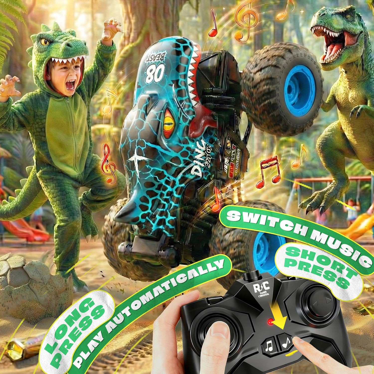 BEZGAR Monster Truck Toys - Remote Control Monster Truck with Light & Music, Dinosaur Toys for Kids, 1:20 Scale RC Truck with 360° Spins and Drifting, Remote Control Car for Boys 4-7 Blue - Image 4