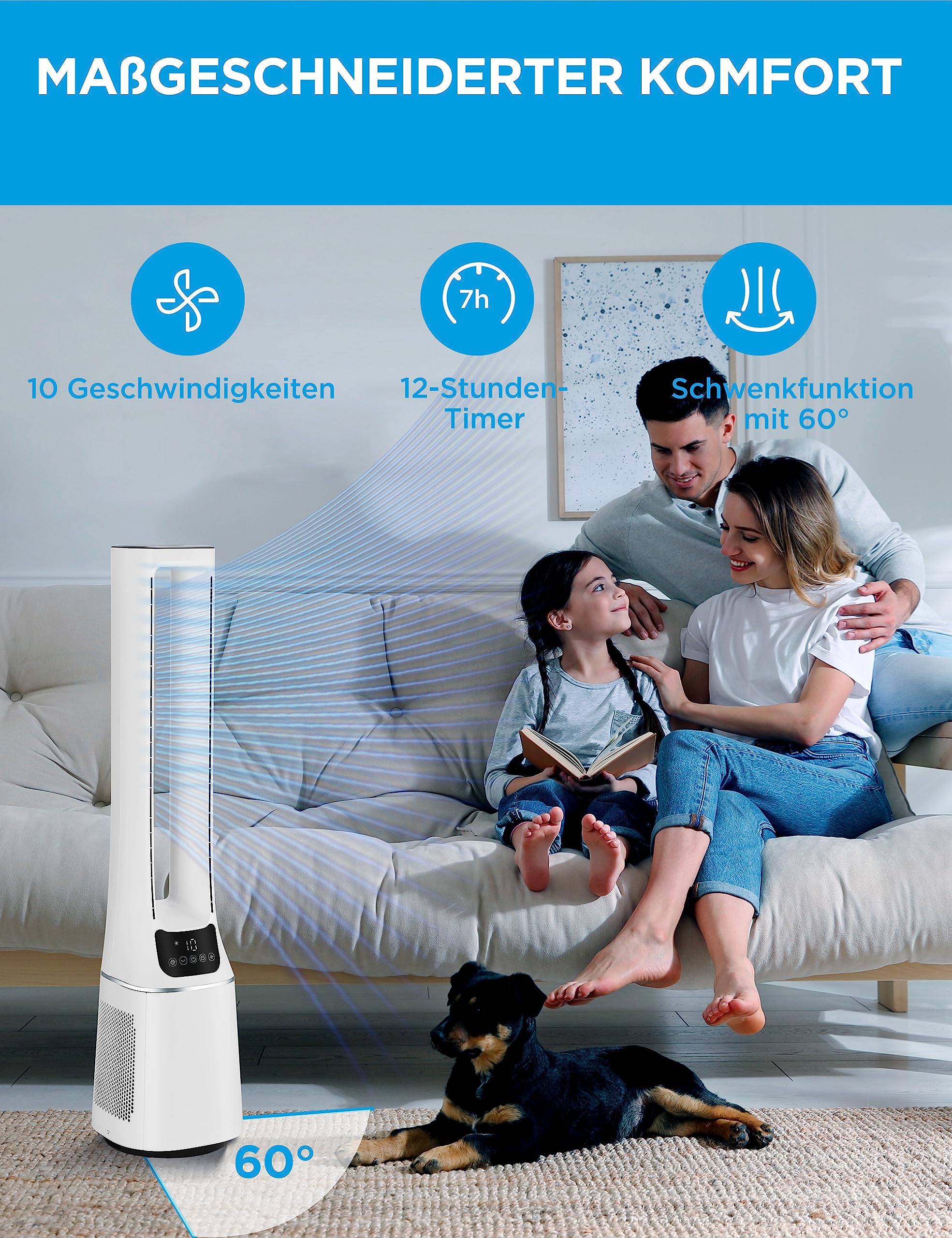 Midea MFP-120 (WH) Ventilateur tour 2 en 1 silencieux 38 dB CADR 120 pour écran LED 47,6 ㎡ Télécommande Oscillation Minuterie 12 H Blanc