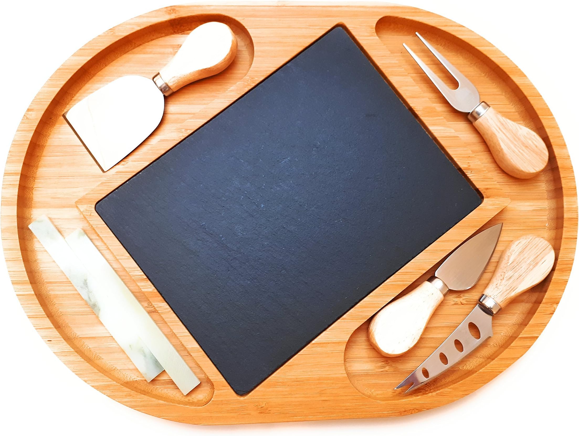 New Design-Bamboo Cheese Board and Cutlery Knife Set,Wood Cheese Plate,Charcuterie Board with Cutter,Best Party Serving Set,Appetizer Food Tray,Serving Platter,Black Slate Board with Chalk Markers