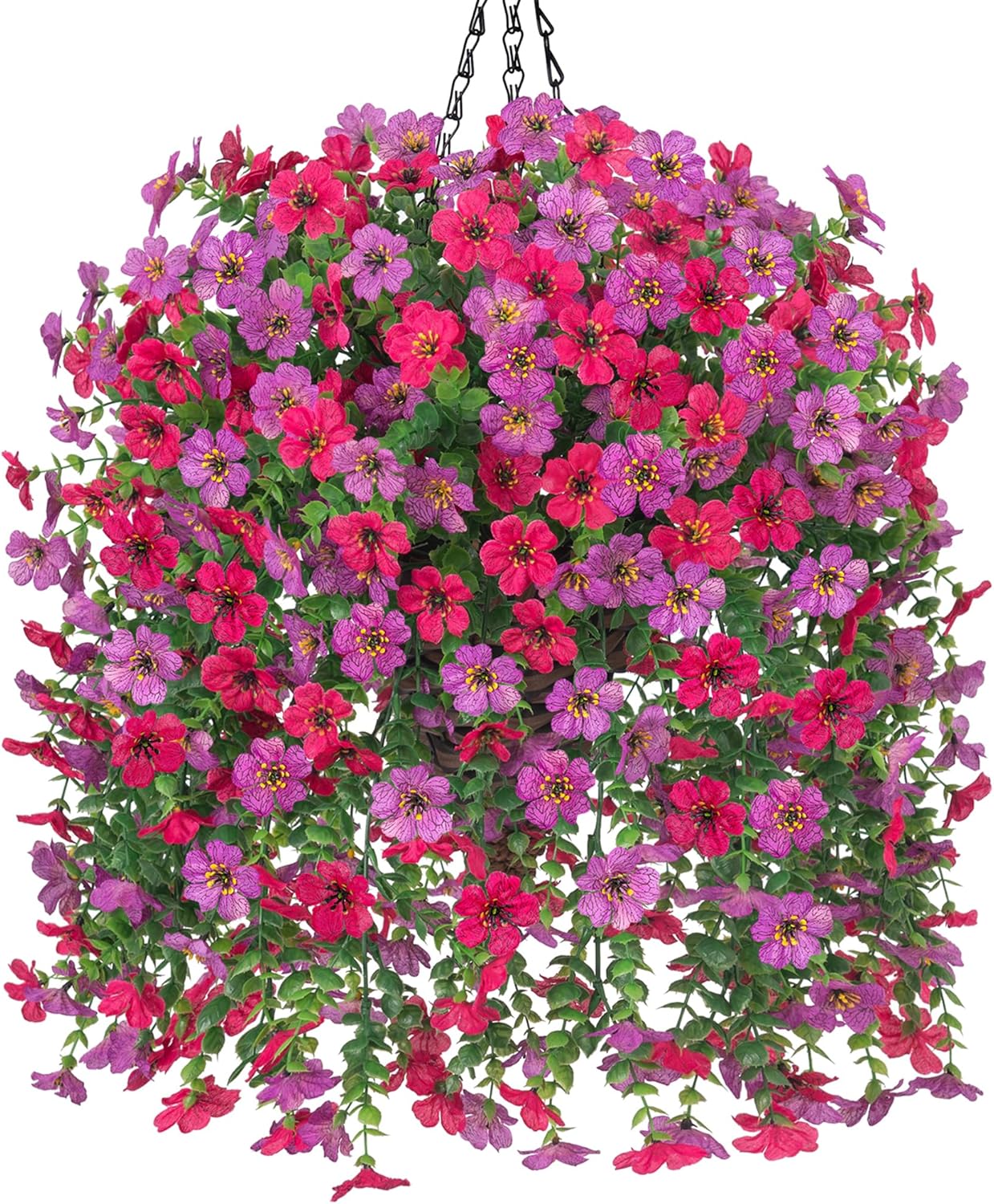 HyeFlora Artificial Hanging Flowers Basket for Outdoor, Fake Flowers Faux Plants Look Real for Yard Gardens Porch Patio Home (Purple+Hotpink)