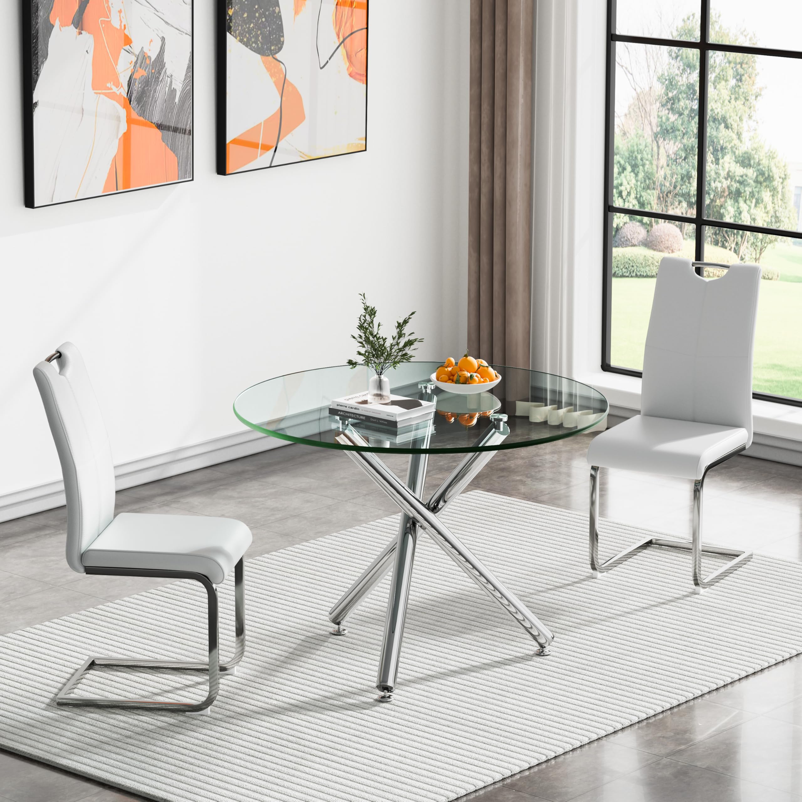 HomVent 36inch Glass Dining Table Set for 2, Round Dining Room Table Set for 2, Silver Circle Glass Kitchen Table with 2pcs White Dining Chairs, 3