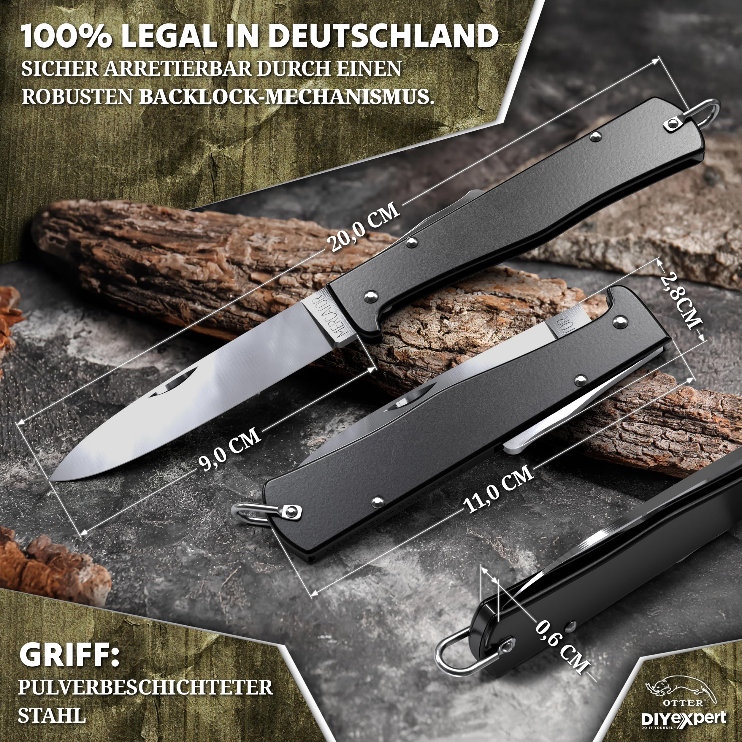 DIYexpert Outdoor-Messer MERCATOR Schwarz | [Klinge Carbon] | Klappmesser Made in Germany | Ideal als Taschenmesser oder Jagdmesser