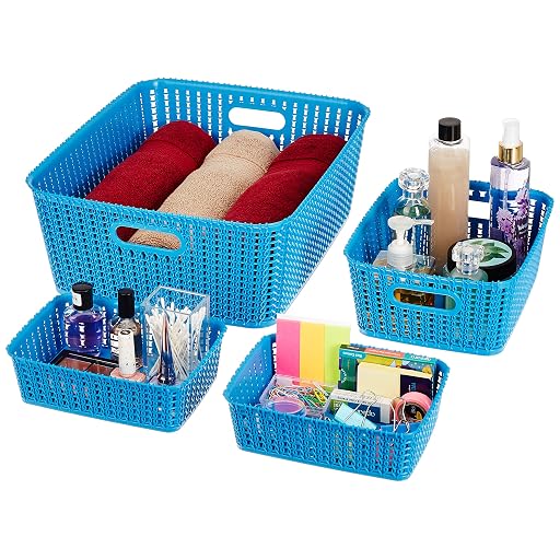 Solimo Plastic Storage Baskets, Blue, 4-Piece Set