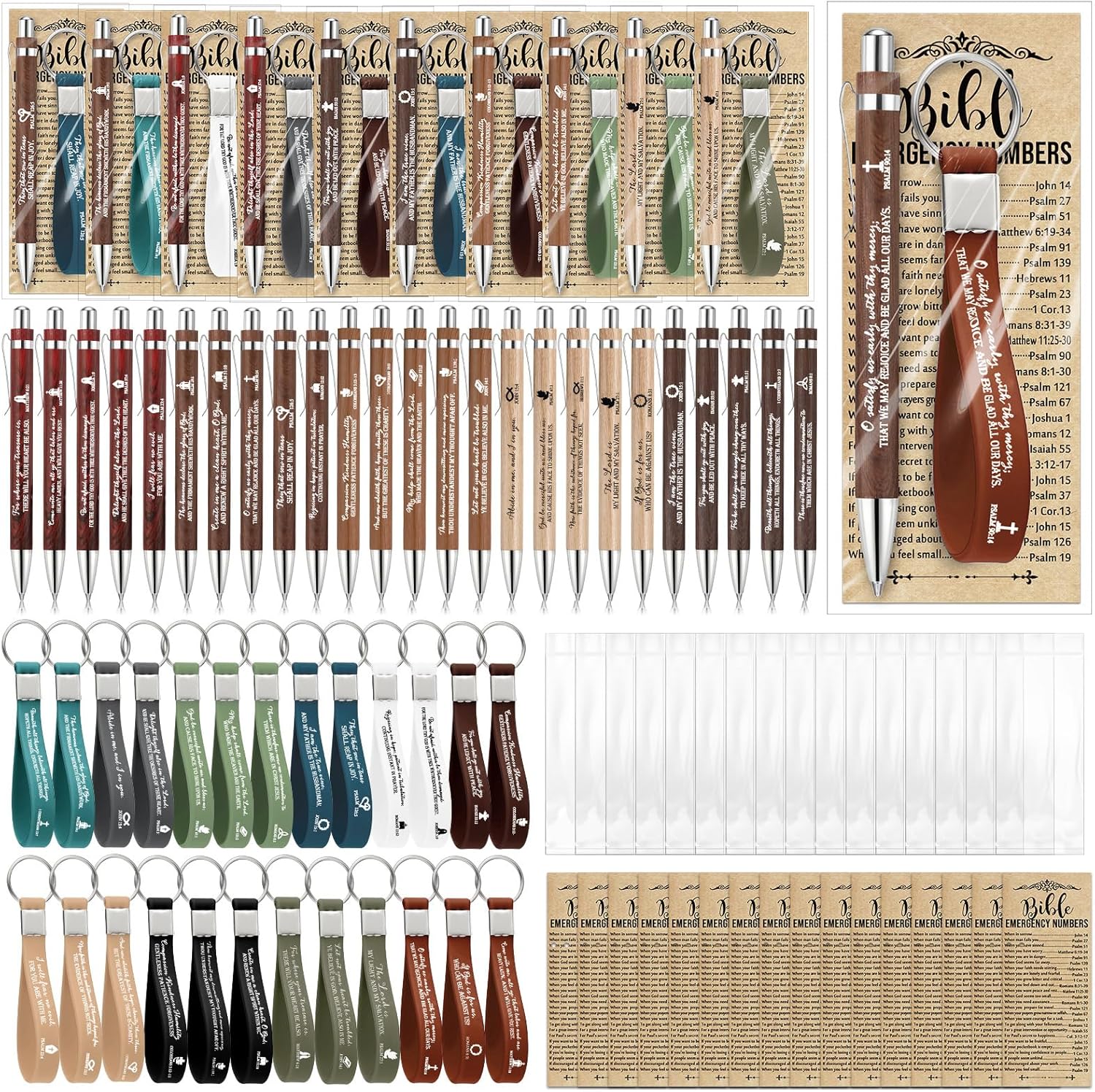 Feifeiya 25 Sets Mother's Day Christian Gift Bulk Bible Verse Bamboo Pen Religious Silicone Keychain Scripture Bookmark Emergency Numbers Church Gift for Coworker Women Men(Fresh Color,English)