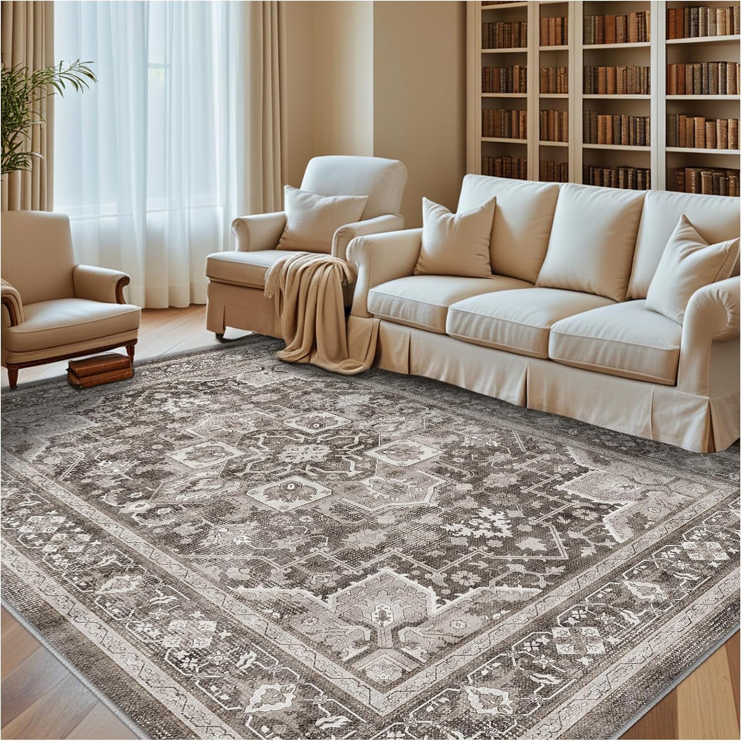 8x10 Washable Area Rug, Boho Chic Medallion Distressed Design Non-Shedding Easy Care Ideal for High Traffic Areas in Living Room Bedroom Office Kitchen Large Carpet(Blue Khaki)