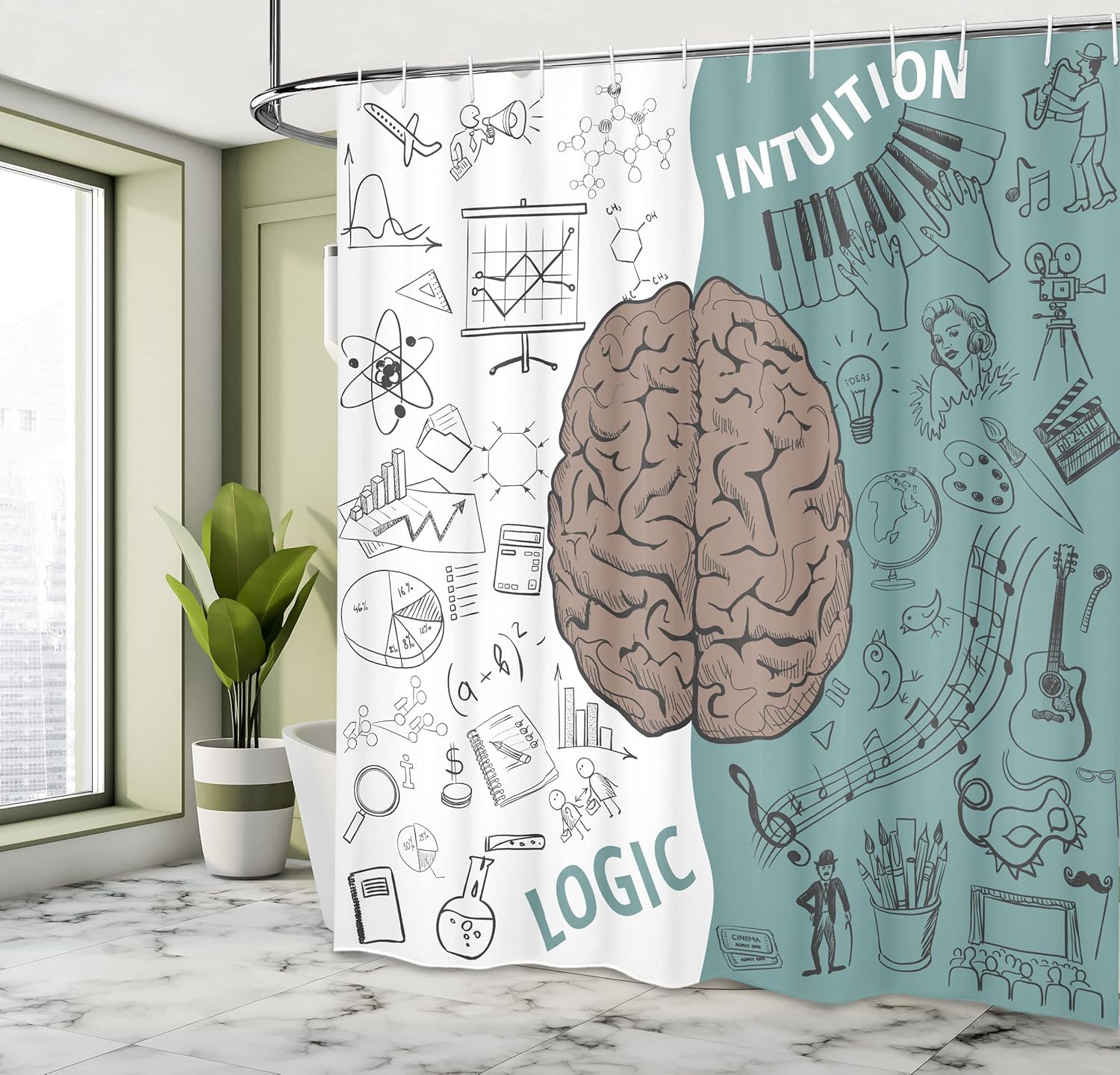 Ambesonne Modern Shower Curtain, Brain Image Left and Right Music Logic Art Side Science Print, Cloth Fabric Bathroom Decor Set with Hooks, 69" W x 84" L, White Teal