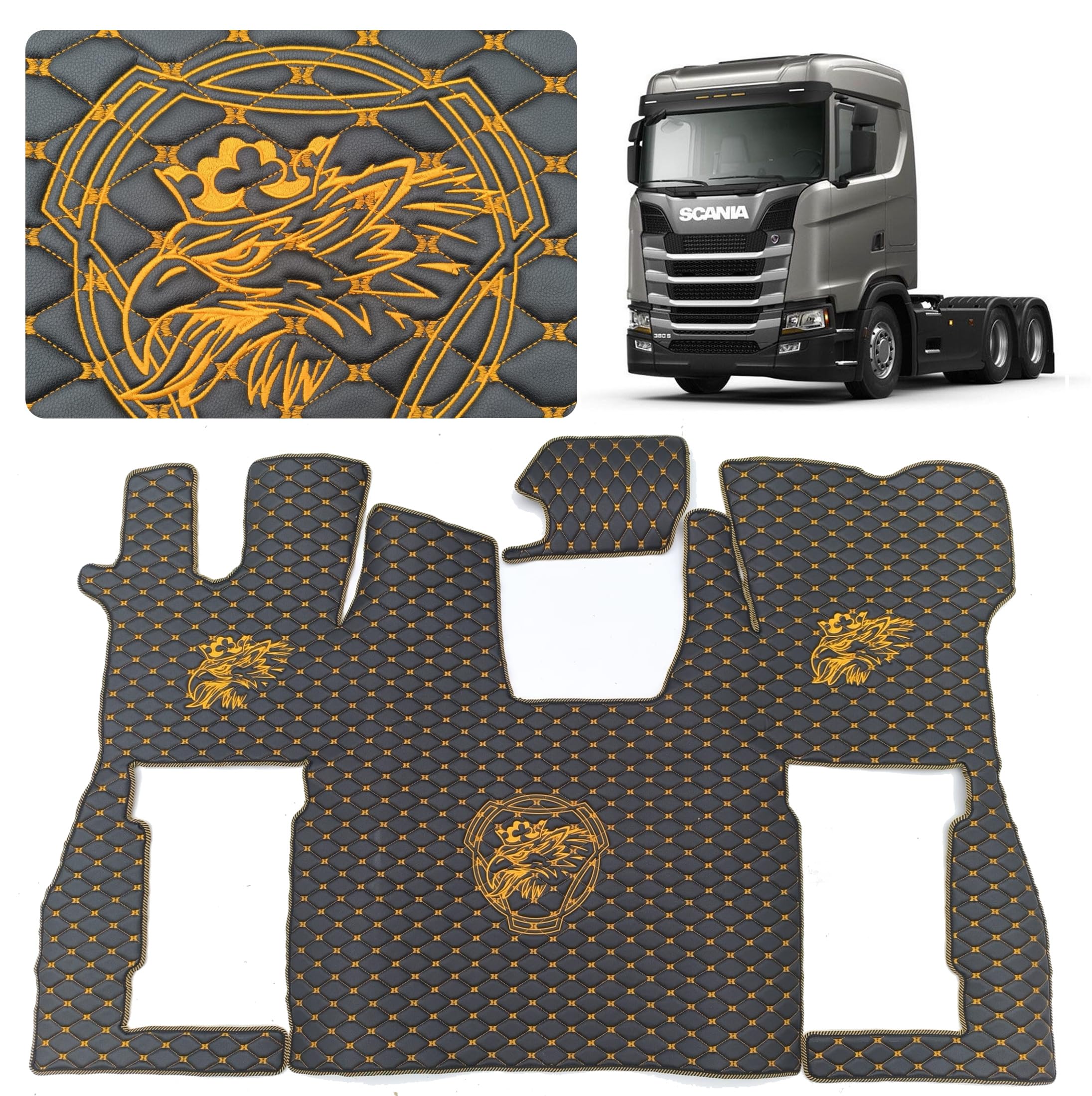 Alfombrillas de camión compatibles con SCANIA S alfombrilla de pie (material negro, hilos dorados)