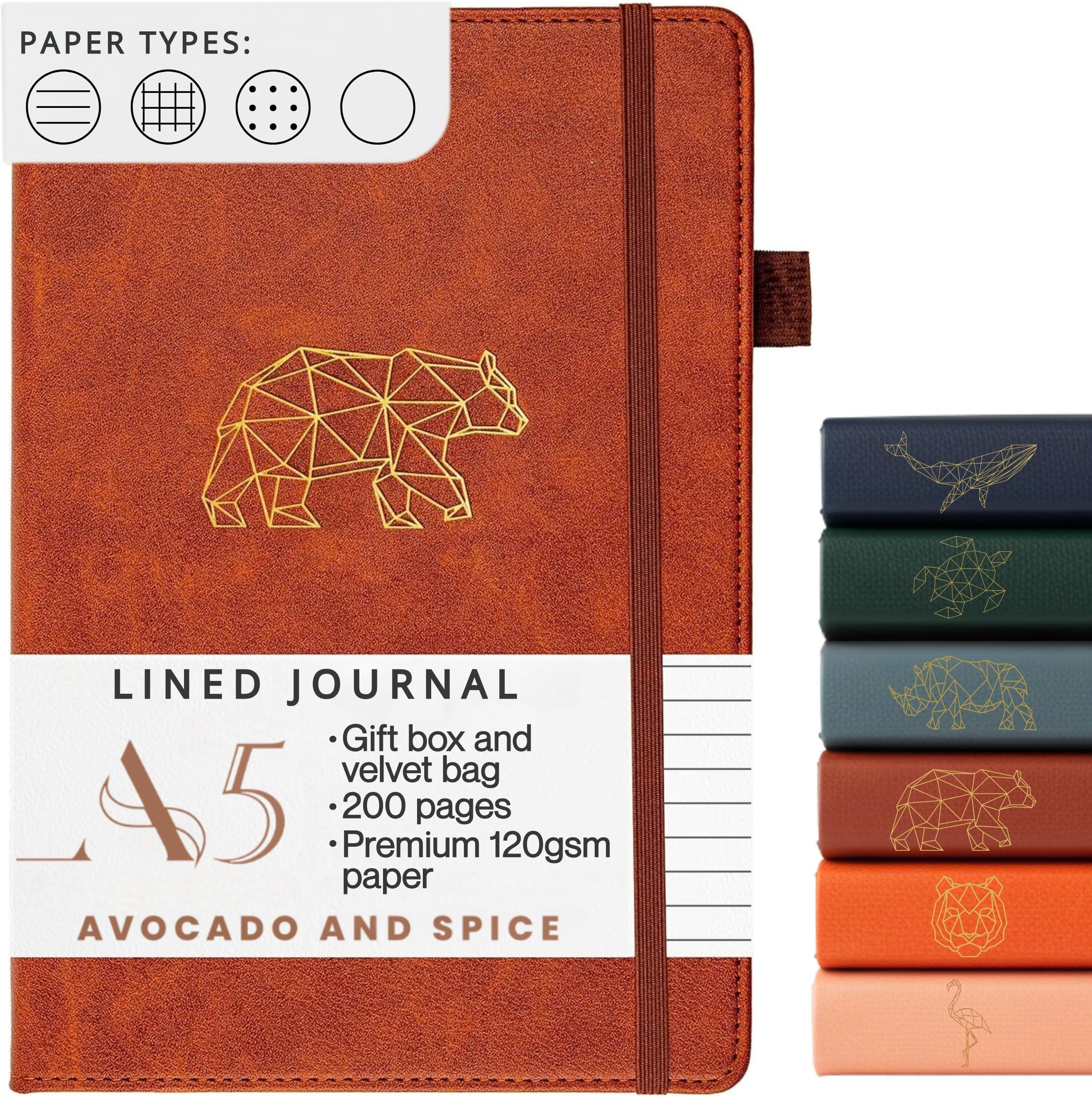 Notebook A5 Lined by Avocado and Spice® - Hardback A5 Journal Notebook - Faux Leather Notepad - Bookmark, Elastic Strap, Pen Holder, 200 Thick Pages (Brown, Lined)