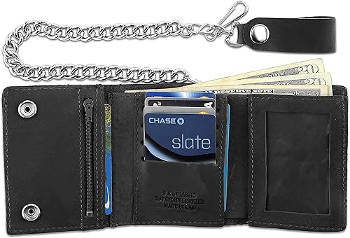 Miniatura 4 de RFID que bloquea la cartera de cadena de acero del cuero del grano superior del motorista de la vendimia de la vendimia de los hombres, cierre a