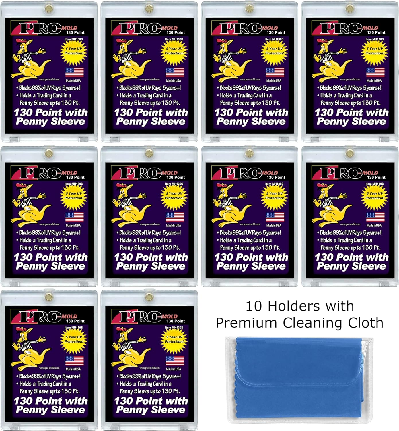 10-Count Pro-Mold 130pt. Magnetic One-Touch Card Holders Holds Sleeved Card USA Made UV Protection MH130S with Cleaning Cloth