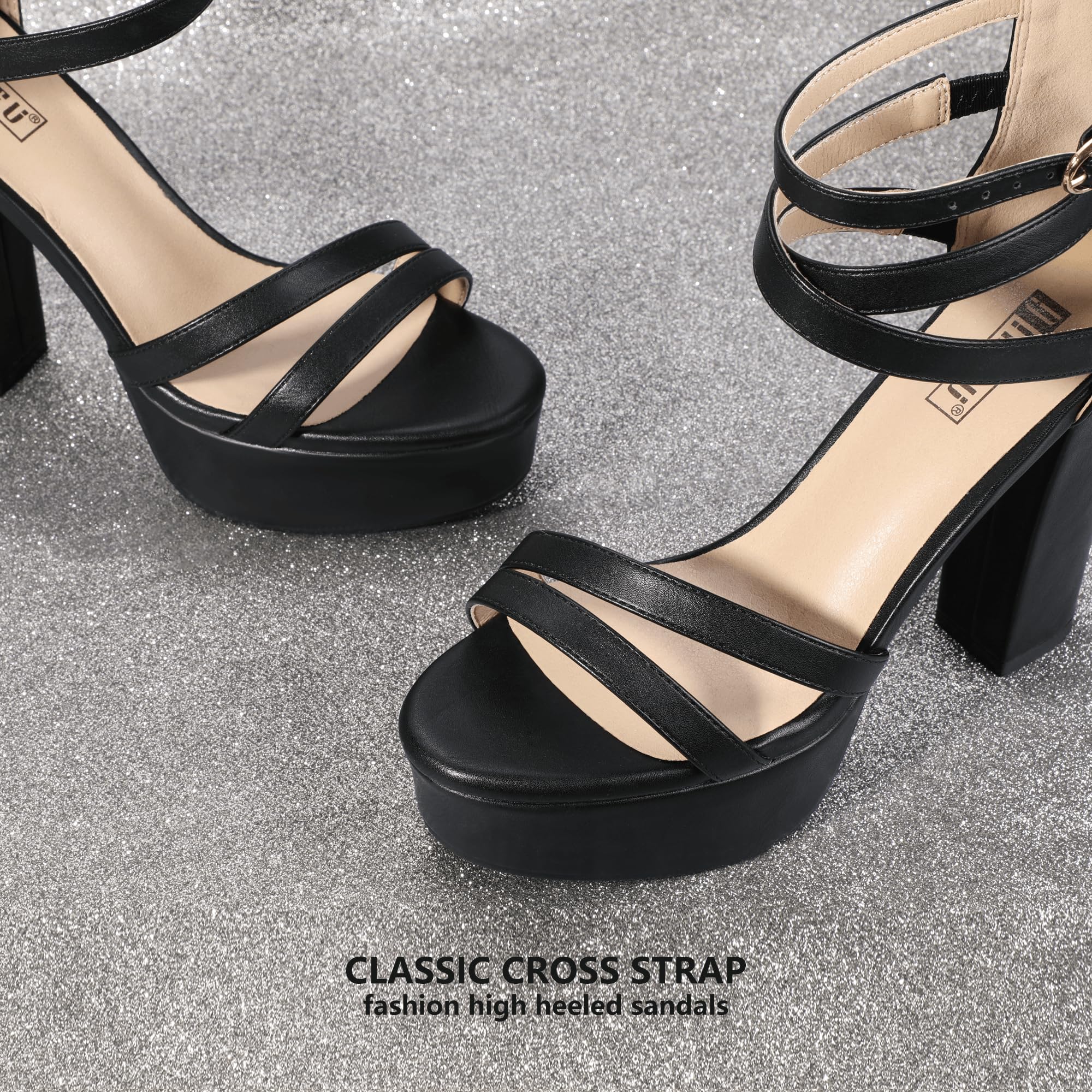 IDIFU Women's Platform Chunky High Heels Dress Sandals Open Toe Ankle Strap Strappy Wedding Bridal Party Dance Shoes For Women Bride: 7 M Black Pu