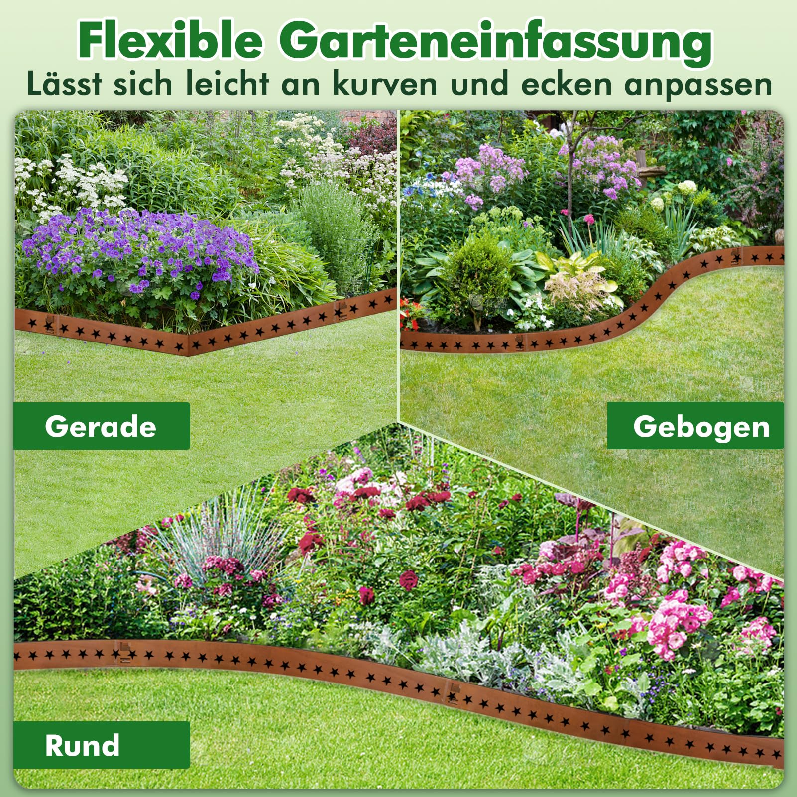 Flexible Rasenkante Metall 10-teilig (je 107,5 x 20 cm) – Cortenstahl Beeteinfassung mit Stern-Dekor, schwere Qualität – Perfekt als Rasenbegrenzung für geschwungene Wege & Moderne Gärten