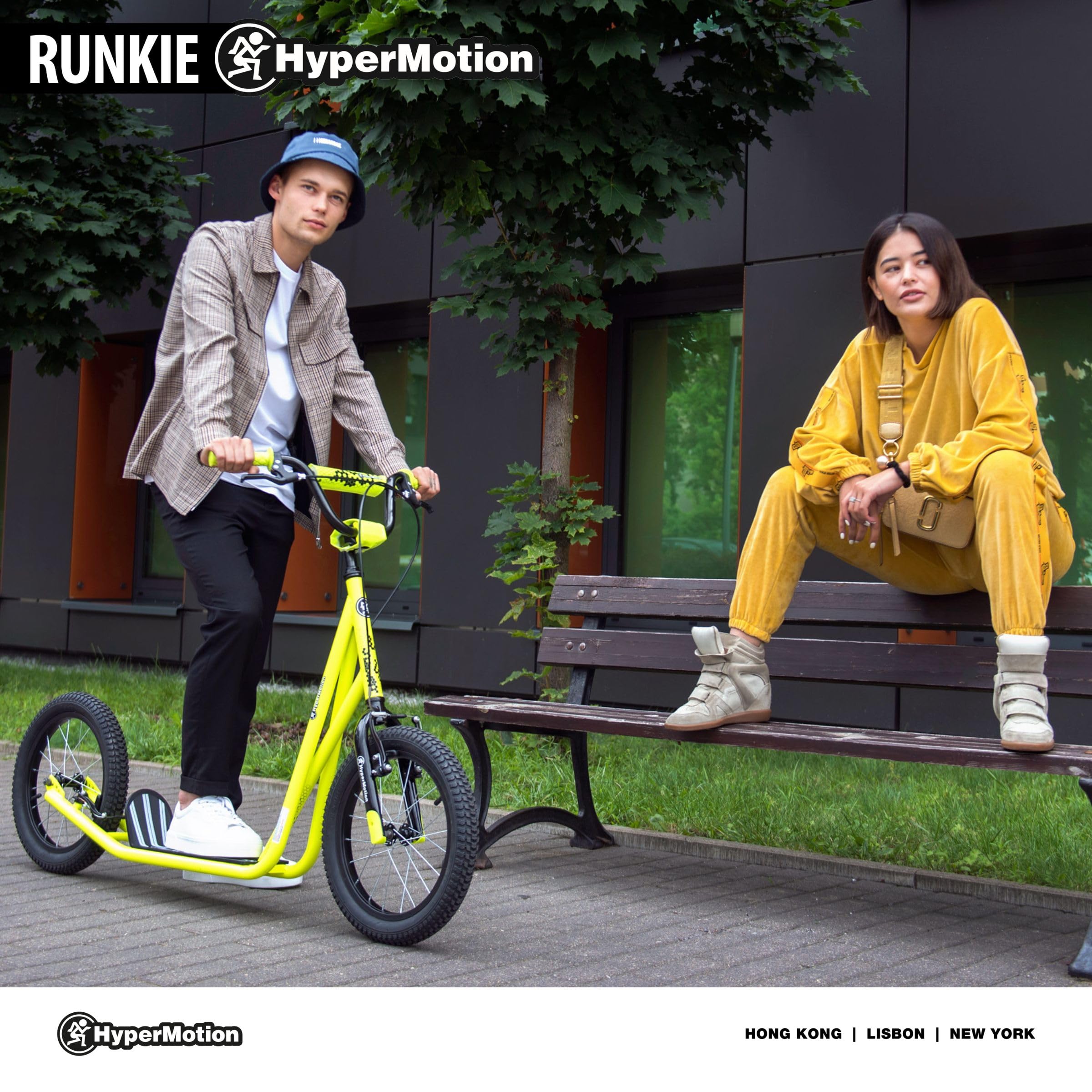 HyperMotion Runkie Patinete Urbano 16 Pulgadas Ruedas Inflables, Manillar Ajustable, Doble Freno Manual, para Niños Desde 8 Años, Jóvenes y Adultos, Amarillo