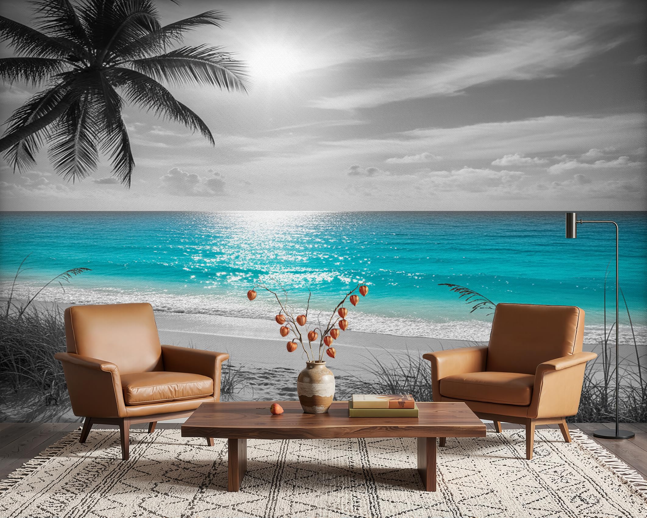 PaxGloz Grey Tropical Beach Photo Wallpaper, Palm Tree Blue Sea Wall Mural for Living Room & Bedroom, Non-Woven Decorative Wall Art 450x315 cm โ image 1