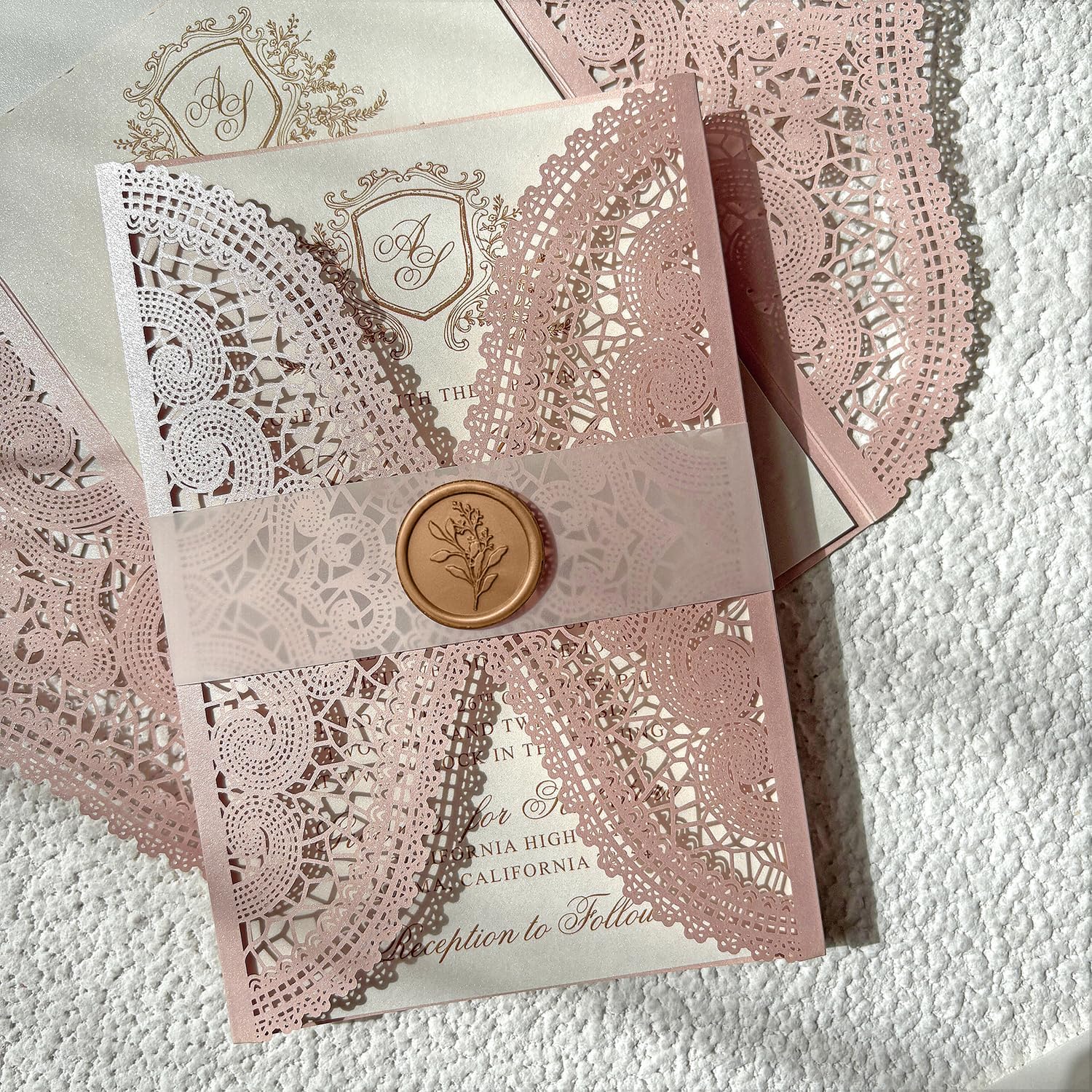 Laser Cut Wedding Invitations with Envelopes, Blush Lace monogram Invtation cards, Elegant Wedding Invites Set, light Pink Cover (25pcs Invitation)