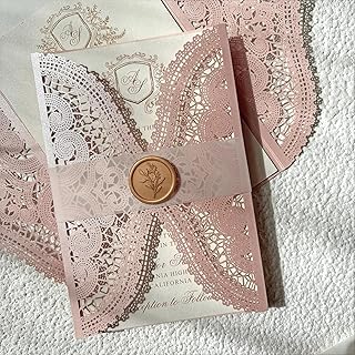 Laser Cut Wedding Invitations with Envelopes, Blush Lace monogram Invtat...