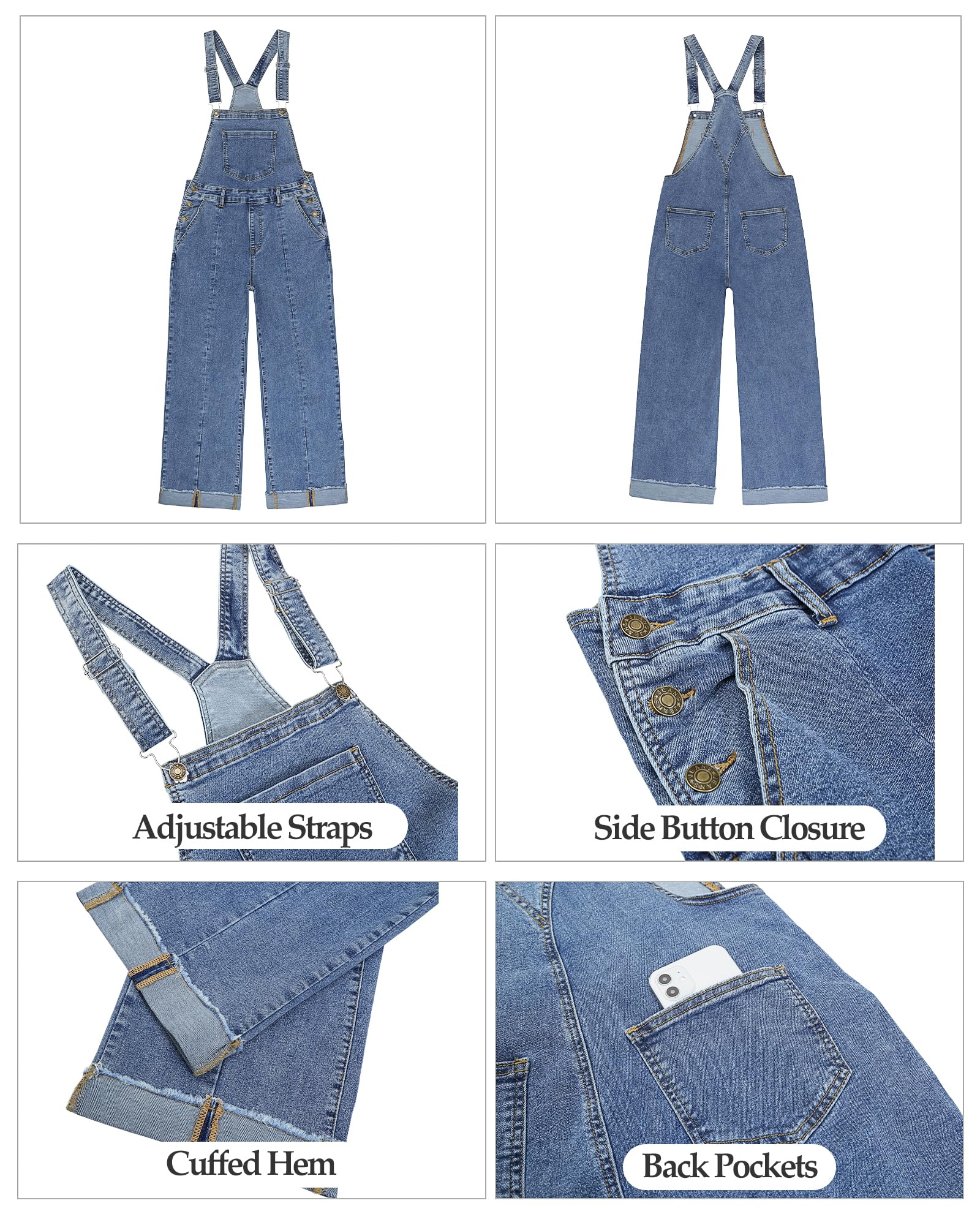 Roskiky Y2K Y2K Combinaison pour femme en denim, coupe ample, jambes larges, extensible, baggy, confortable, élégante