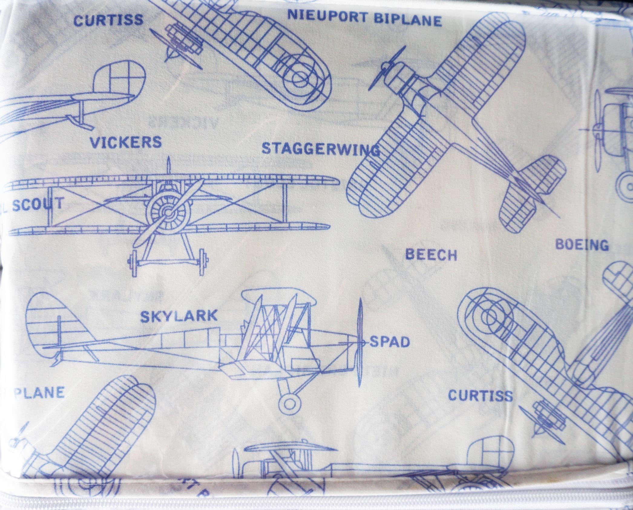 Authentic Kids 4 Piece Boys Full Sheet Set Blue Vintage Airplanes on White