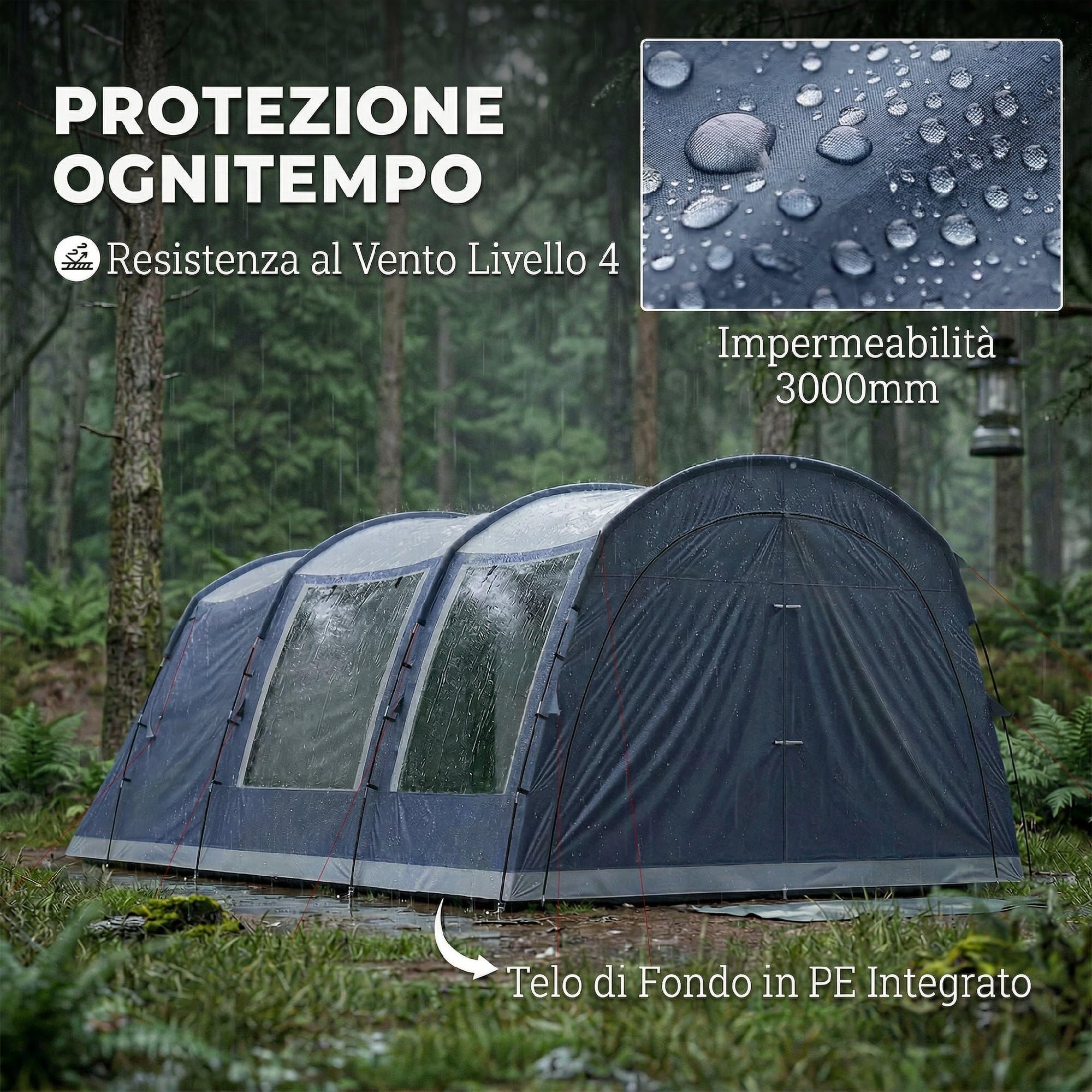 Outsunny Tenda Campeggio a Tunnel per 2-4 Persone Alta 210cm con 2 Stanze, Tenda da Campeggio Familiare Impermeabile 3000mm con 3 Porte, 6 Finestre, Gancio, Borsa Trasporto, per Trekking, Blu Navy