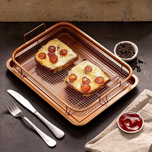 Miniatura 7 de Nuovva - Bandeja antiadherente de cobre para horno con cesta de parrilla de malla elevada, juego de 2 piezas de 9 x 13 pulgadas