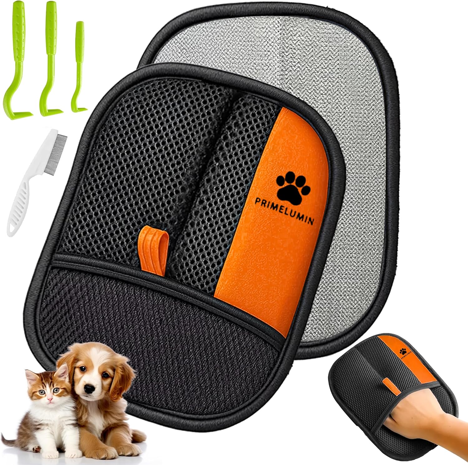 Pet Hair Remover Glove for Dogs & Cats – Double-Sided Electrostatic Fur Remover, Anti-Slip Reusable Grooming Mitt for Couch, Carpet & Clothes, Durable + Flea Comb & Tick Tool