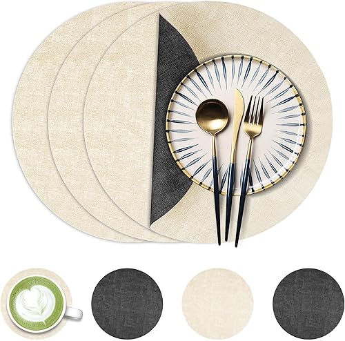 Miniatura 24 de Juego de 6 manteles individuales redondos de piel sintética de 13 pulgadas, impermeables, antideslizantes, de doble cara, resistentes al calor,