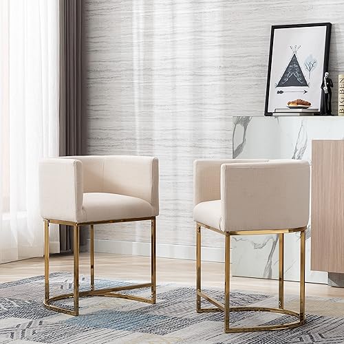 Miniatura 69 de Juego de 4 taburetes de bar contemporáneos de lino color crema, de 32 pulgadas, de tela tapizada, altura de mostrador, taburetes de cocina con base