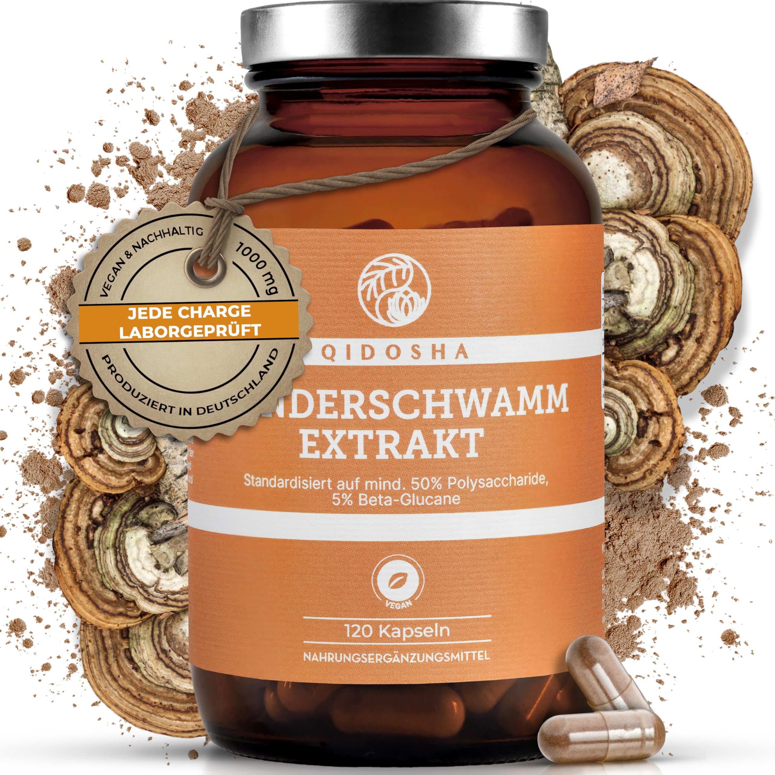 QIDOSHA® Zunderschwamm Extrakt Kapseln, 120 Stk im Apothekerglas, hochreiner Fomes fomentarius Extrakt mit 500mg je Kapsel, davon 50% Pilz-Polysaccharide mit mindestens 5% Beta-Glucanen, dt Fertigung