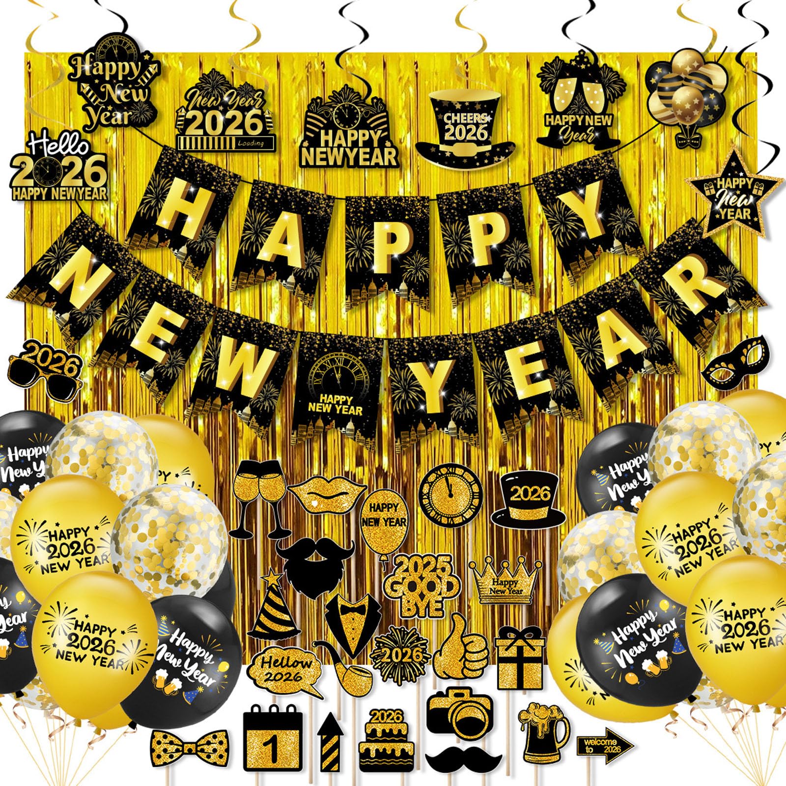 Happy New Year Decorations 2026 Kit, 126 Pcs Happy New Year Party Supplies, New Years 2026 Banner, Balloons, Photo Booth Props & Confetti, New Years Eve Party Supplies 2026, NYE Decorations (Stye11)