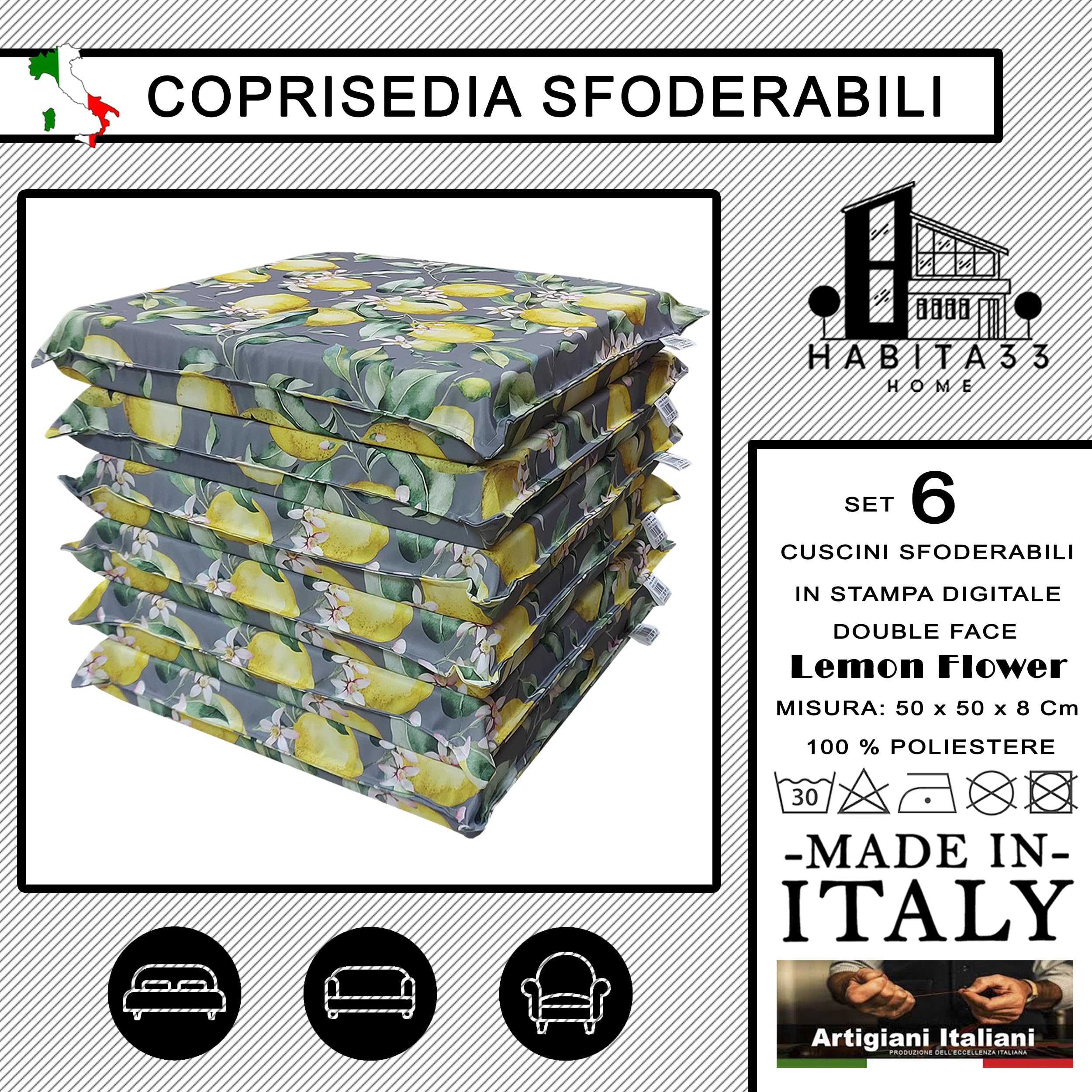Set da 4 o 6 cuscini per sedie cucina e giardino in stampa digitale, cuscino sedia 50x50x8 Cm per interno ed esterno, coprisedia sfoderabili, eleganti e resistenti, Made in Italy (Set 6 Lemon Flower)