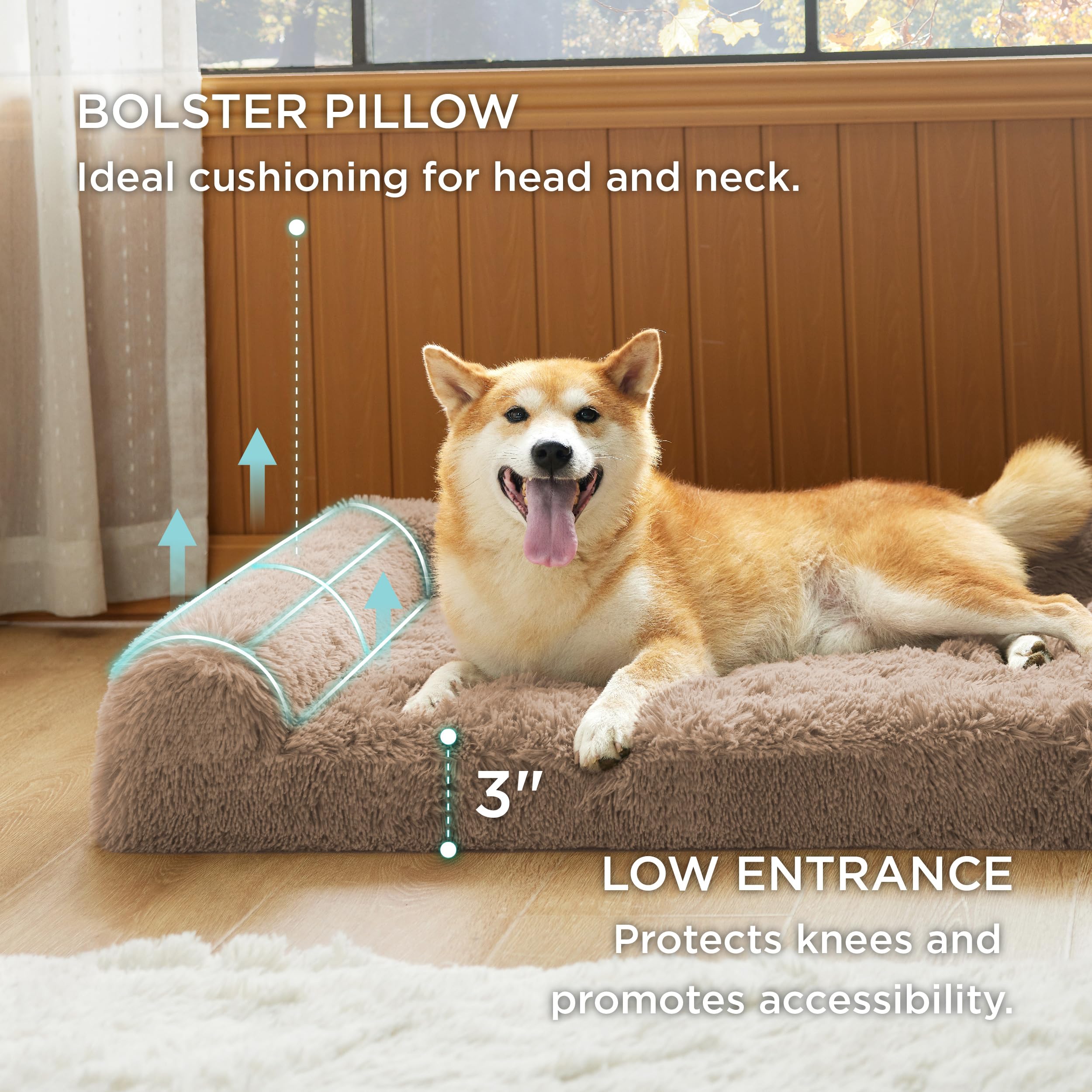 Bedsure Calming Dog Bed for Large Dogs - Orthopedic Egg Foam Dog Sofa Bed, Bolster Couch Pet Bed with Removable Washable Cover, Waterproof Layer, Comfy Fuzzy Faux Fur Surface&Nonskid Bottom,Taupe