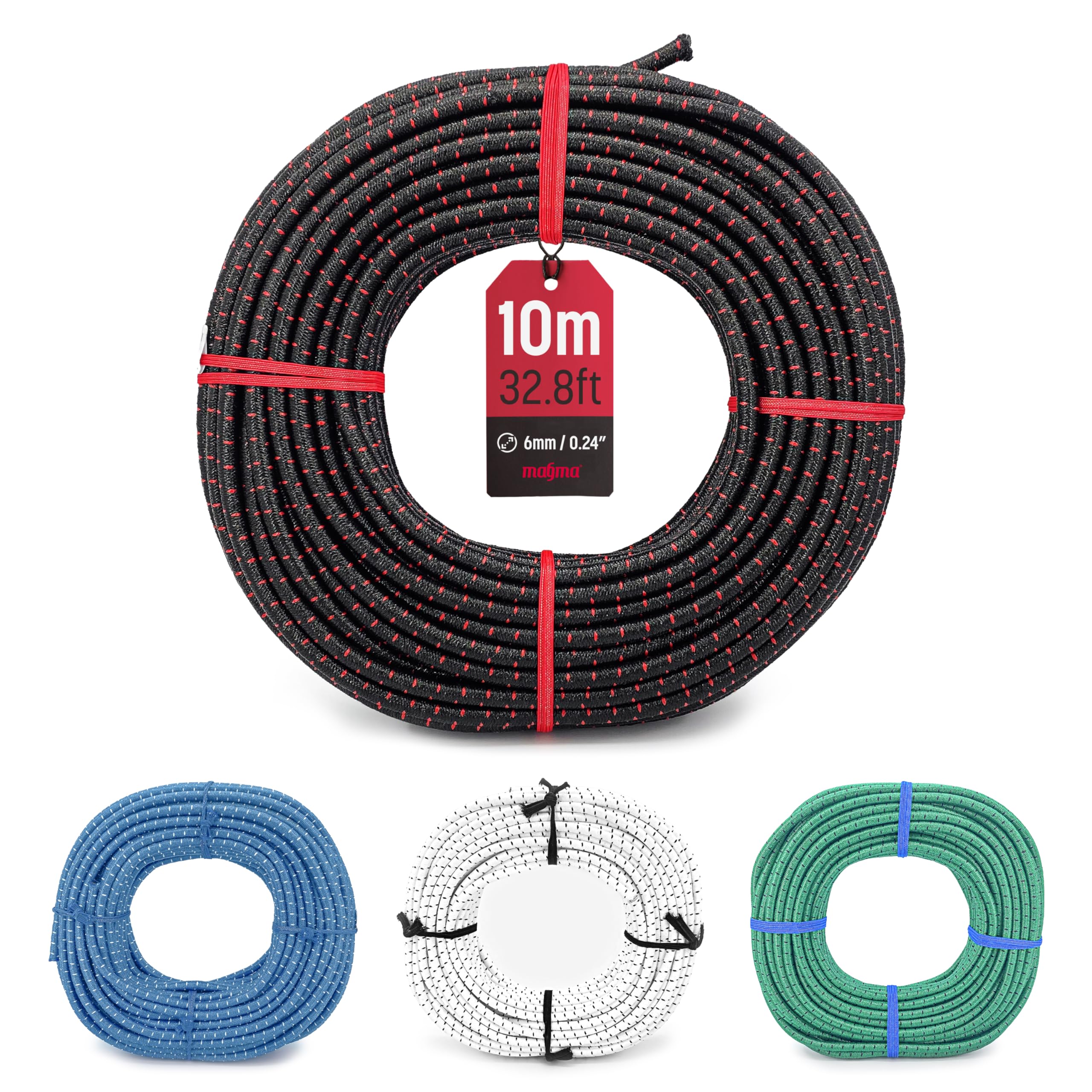 Magma Rotolo di Corda Elastica | Corde Elastiche da 6 mm di Diametro per Pesca, Vela, Campeggio, e Fissaggio Teloni | Extra Forte, Per Interno, Esterno, Giardino e Auto (25, Nero)