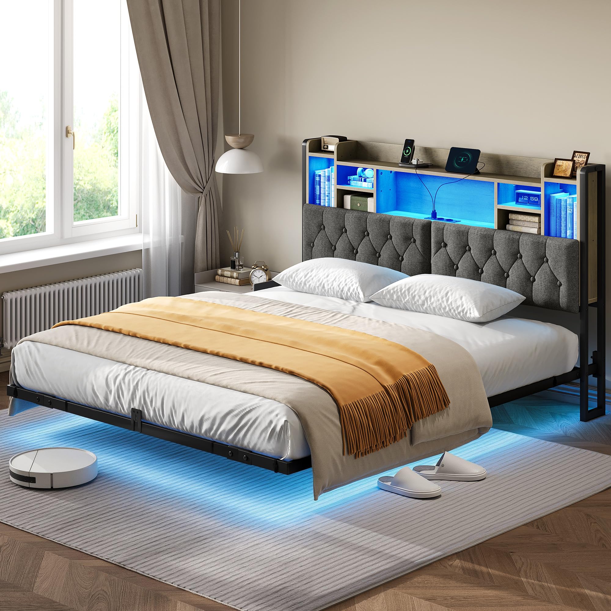 YITAHOME Bettgestell LED mit Kopfteil LED-Beleuchtung USB-Ladestation inkl Kopfteil schwebendes Design Metallrahmen Stoffbezug in grau ohne Matratze 180X200CM