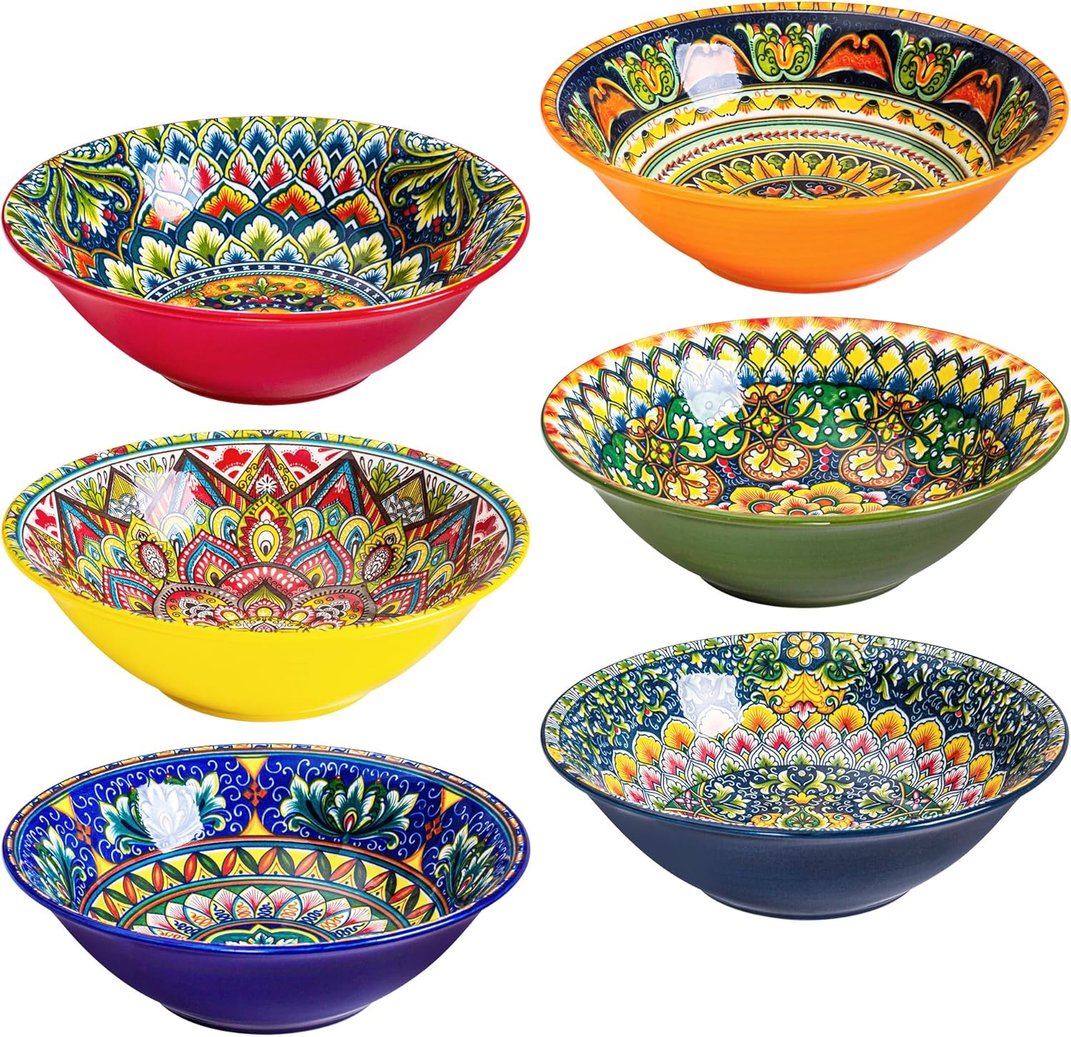Henten Home Porcelain Soup Bowl Set of 6, Colorful 30 oz Ramen Bowls Set, Ceramic Bohemian Serving Bowl for Noodle, Cereal, Salad, Microwave & Dishwasher Safe