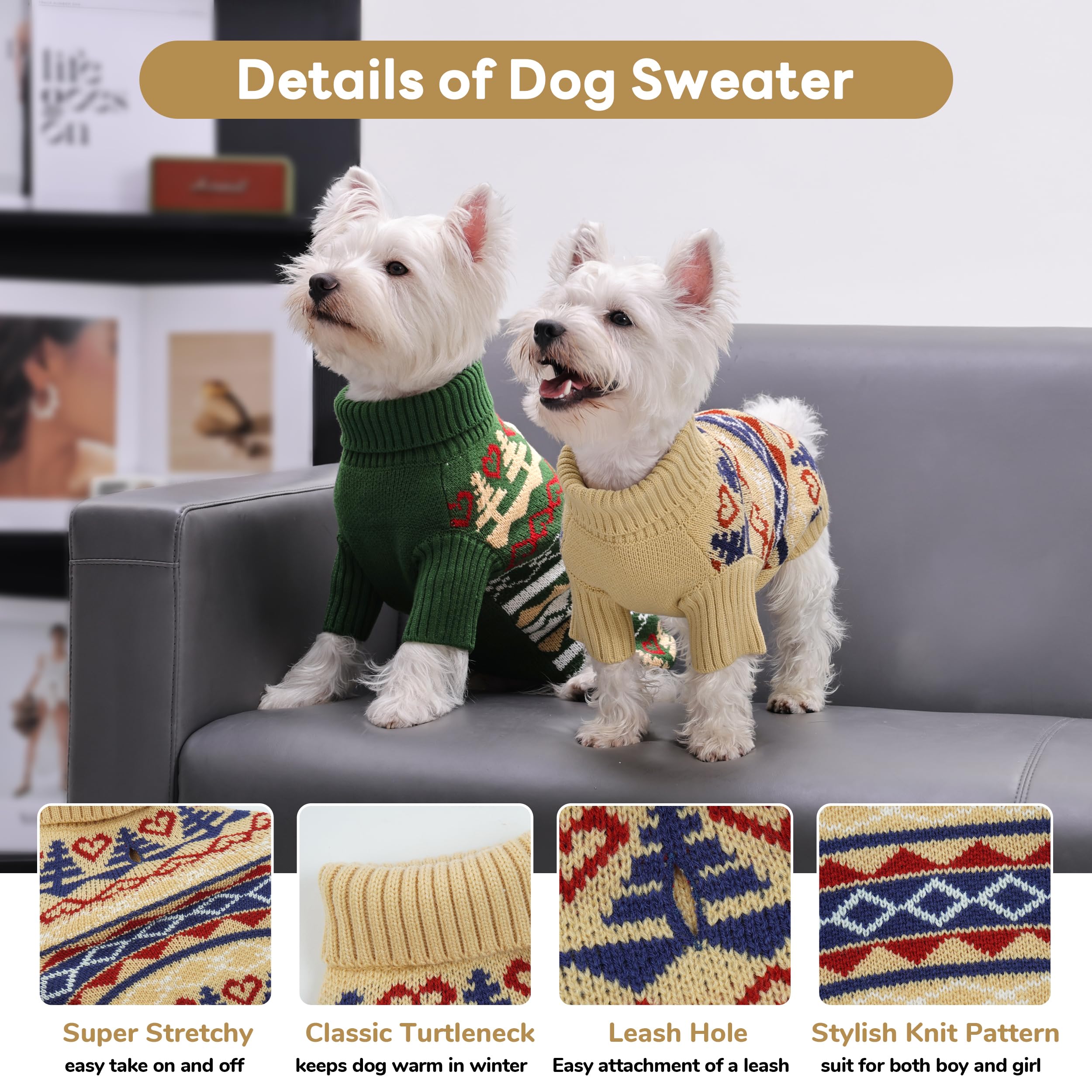 PUMYPOREITY Pull tricoté pour petit chien, pull à col roulé pour chiot, pull de Noël pour chien, garçons et filles, pull d'Halloween pour chihuahua, bouledogue français, yorkie, kaki, taille S
