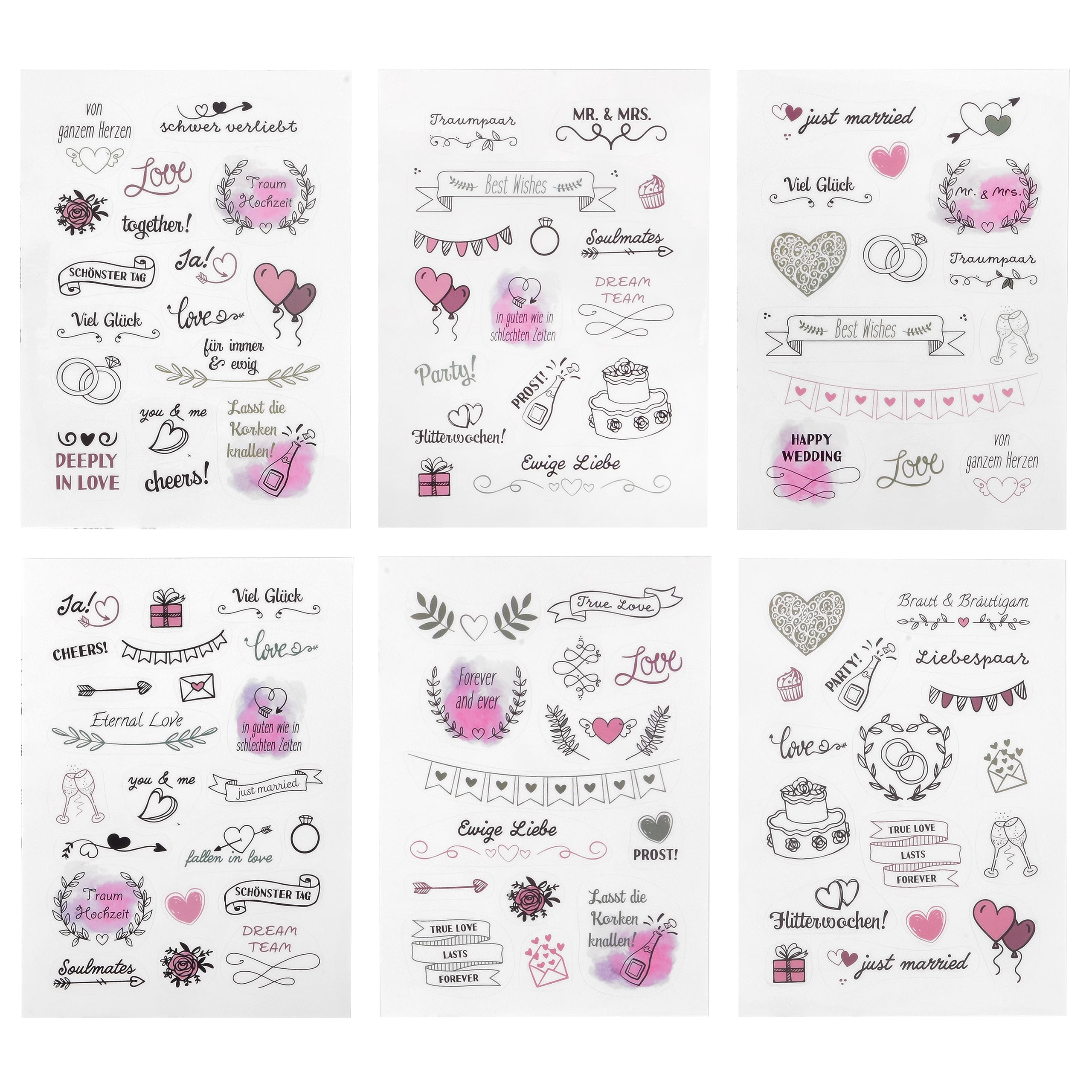 200 pegatinas de boda, etiquetas de colores con texto en inglés "Just Married Love Eternal Love Traumpaar Buena suerte para bodas, planificadores de bodas, libro de boda