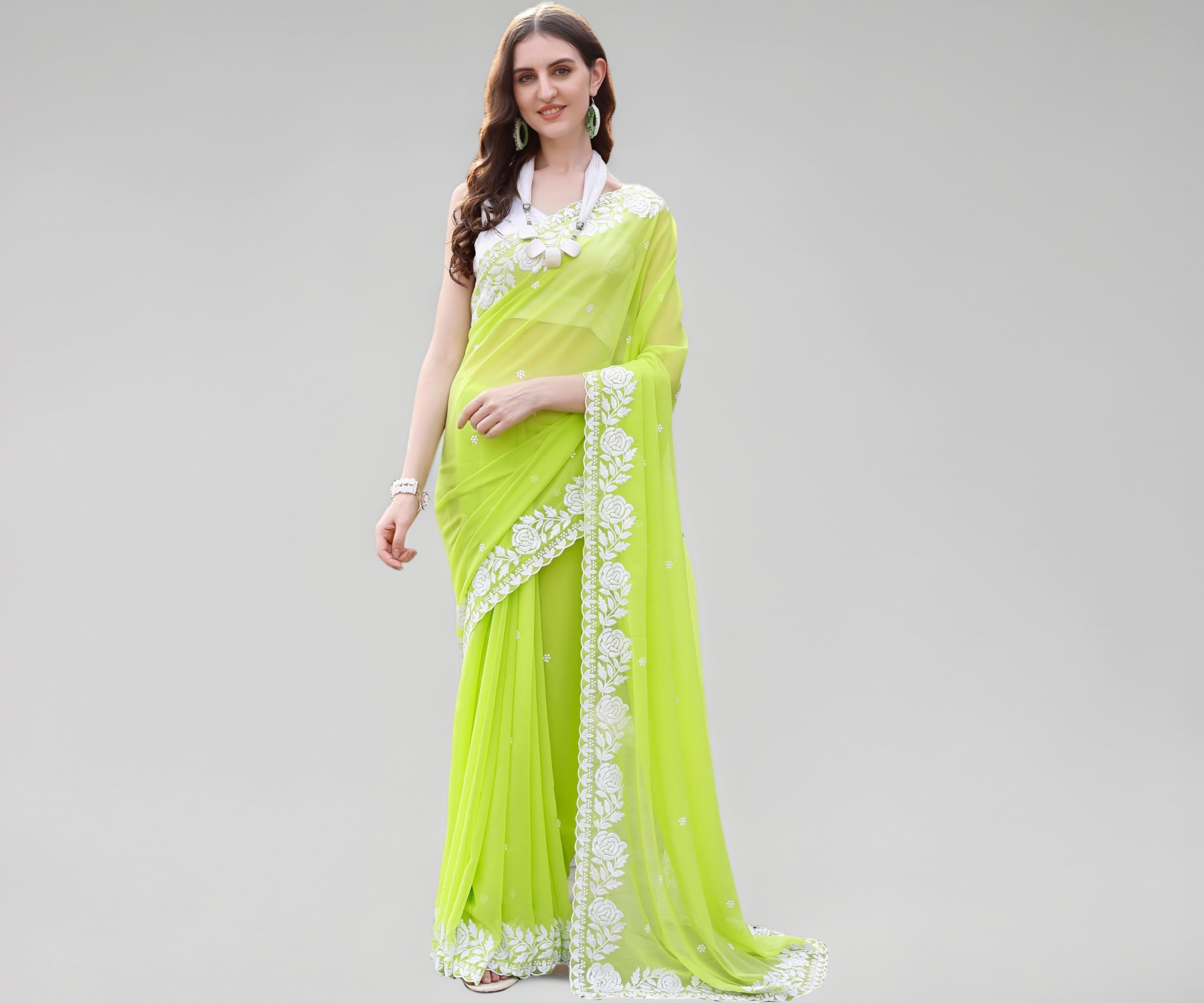 Women's Georgette Embroidery Border Work Saree with Blouse Piece