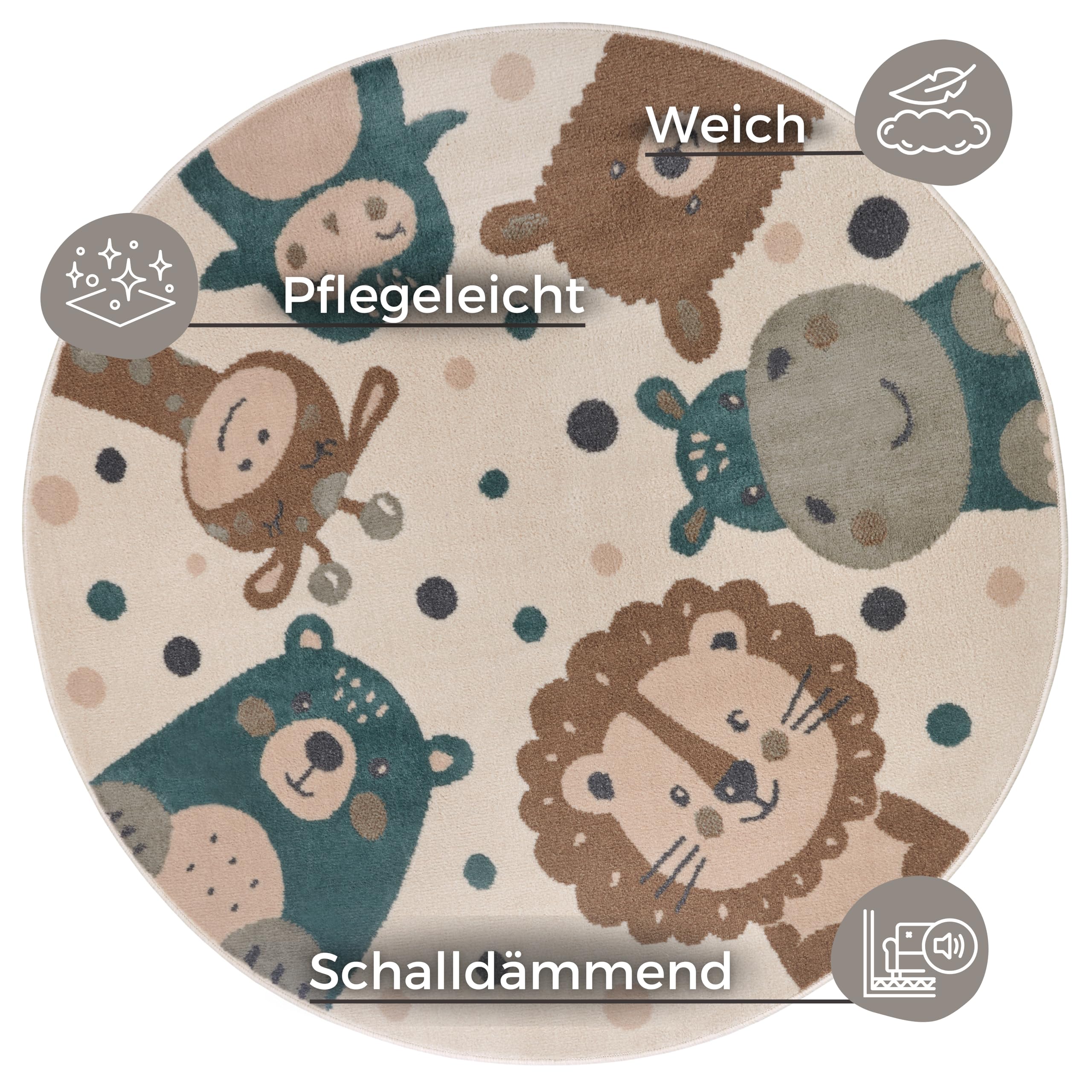 Hanse Home Adventures Kinderteppich Rund - Tiere Muster Löwe Bär Teppich Junge Mädchen für Kinderzimmer, Spielzimmer, Jugendzimmer, Wohnzimmer - Creme Braun Blau, 100cm