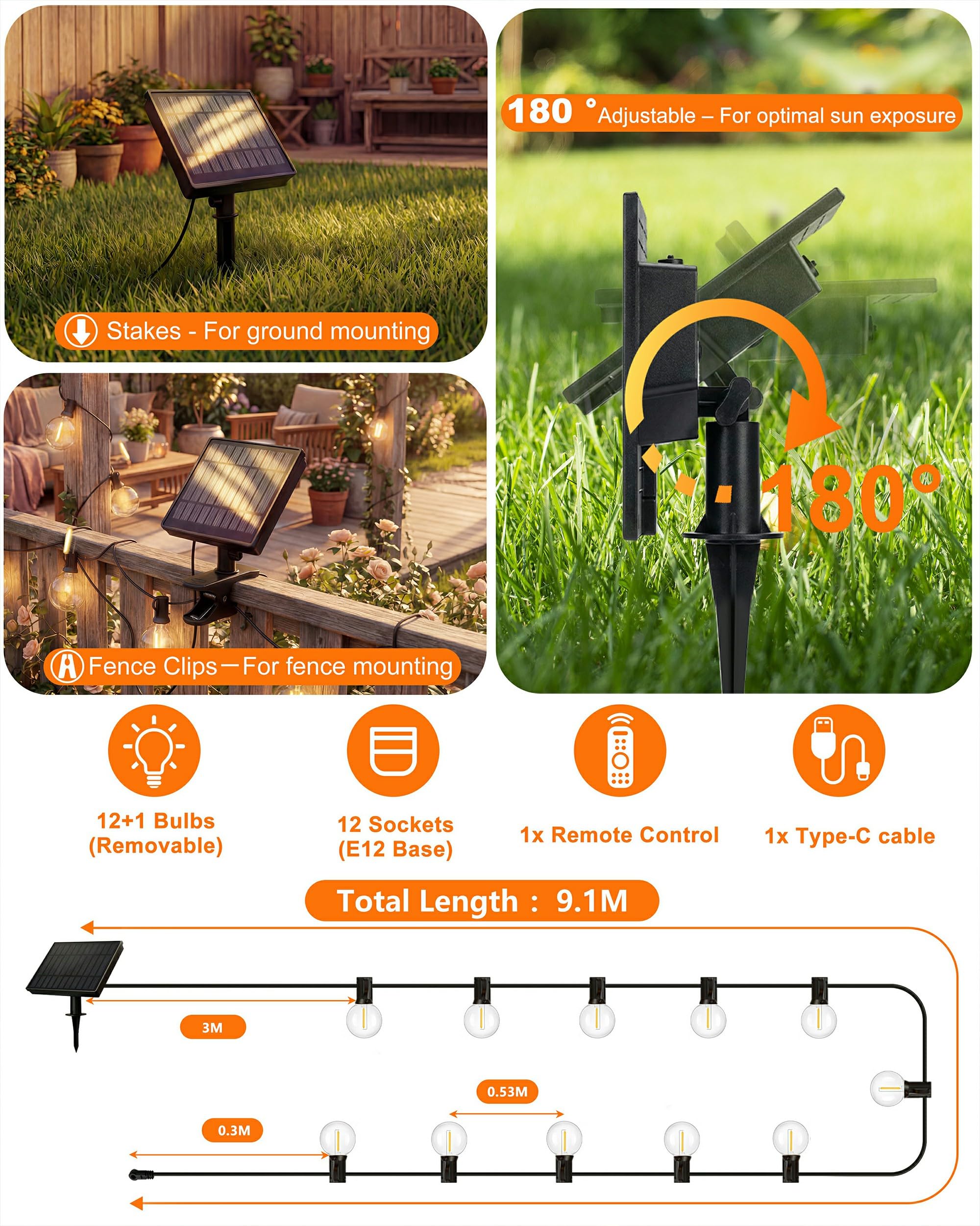 Guirlande lumineuse solaire d'extérieur 9 m à intensité variable - Résistante aux intempéries - Avec télécommande et 12 + 1 ampoule LED G40 2700 K - 3 modes - 5 minuteries - Pour balcon, jardin