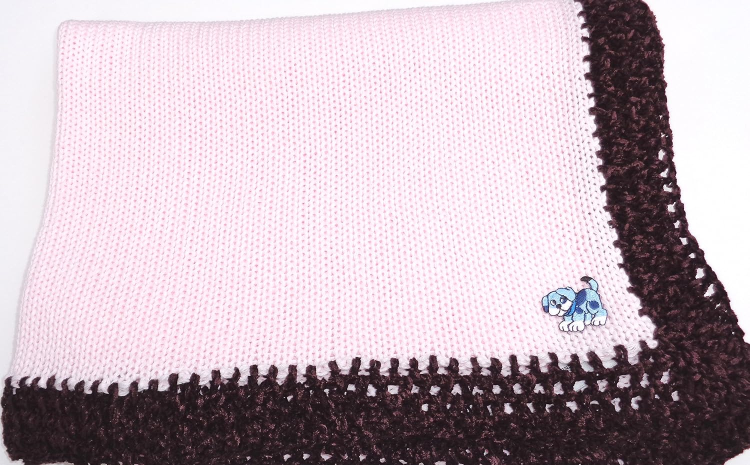 Knitted Crochet Finished Light Pink Cotton Dark Brown Chenille Trim Baby Blanket